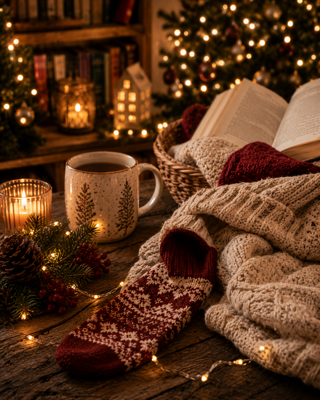 Bookish Christmas stocking stuffers with reading journal, bookmarks, literary puzzle, ornament, and necklace
