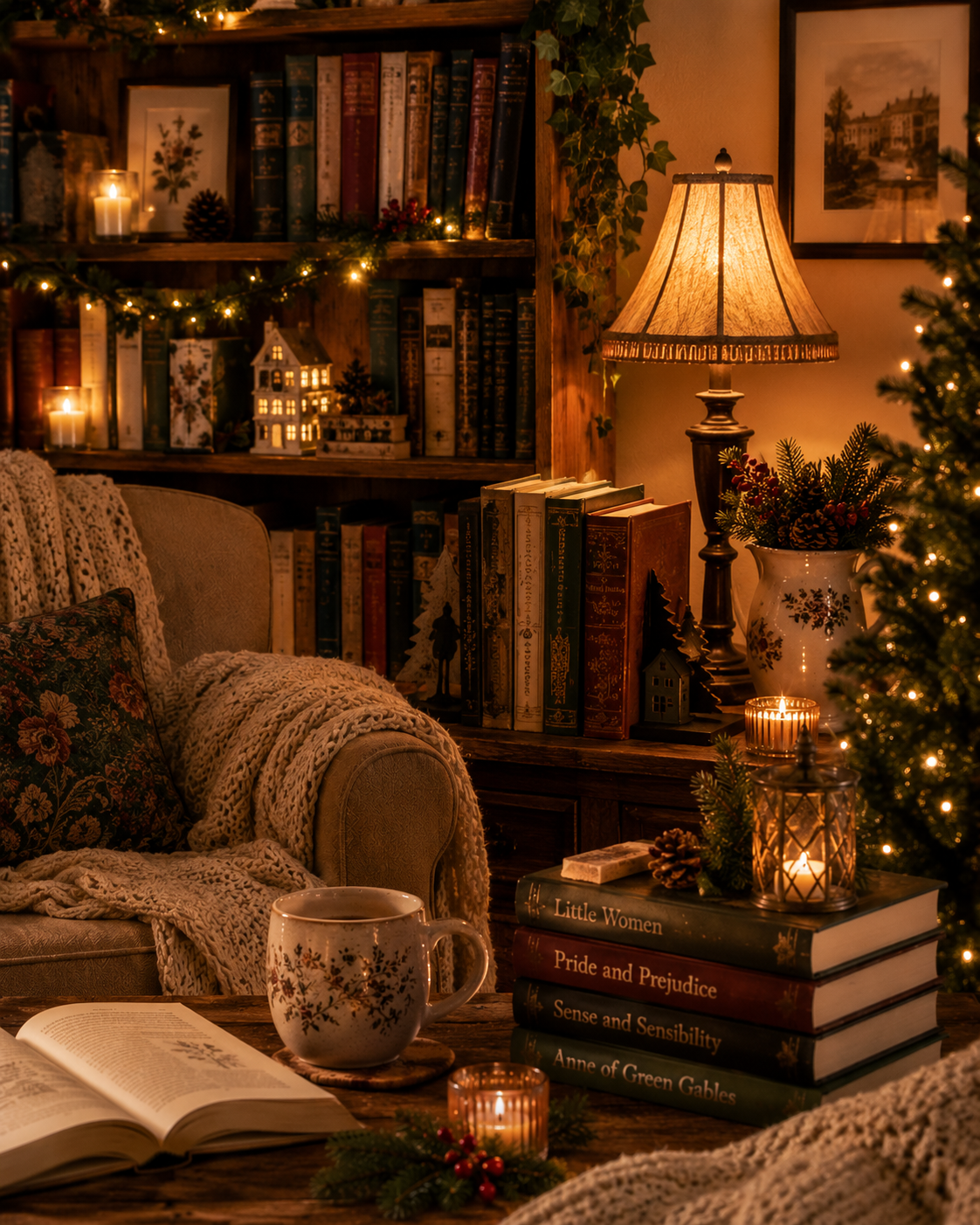 Warm home library decorated for Christmas with bookish lamps, book nook, and literary decor