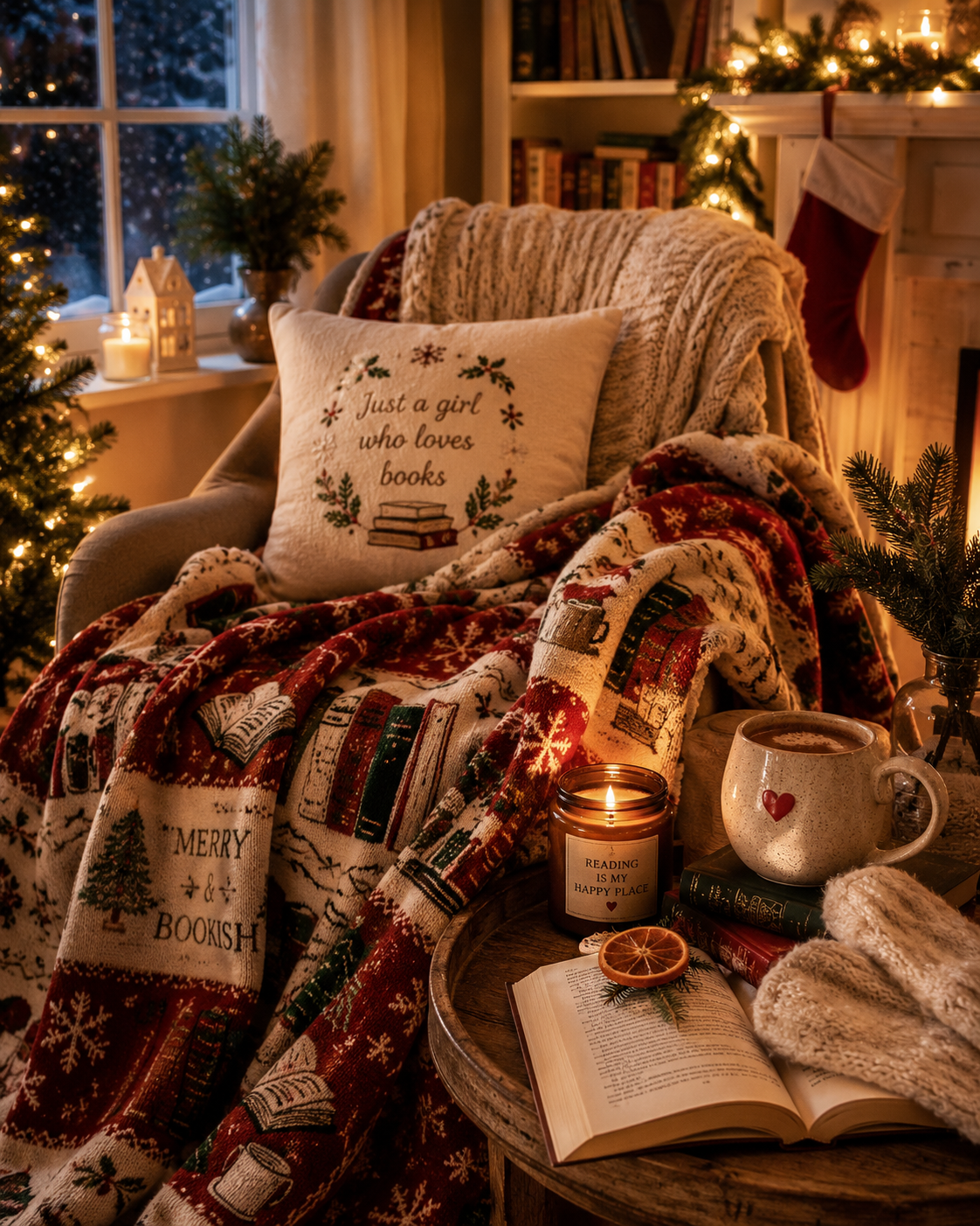 Cozy Christmas reading nook with books, warm blanket, candle, and festive decorations