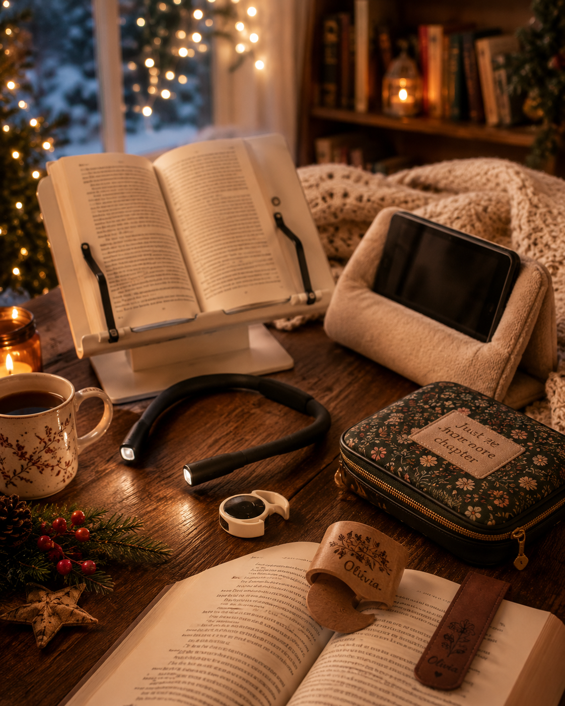 Kindle and useful reading accessories arranged in a cozy Christmas setting