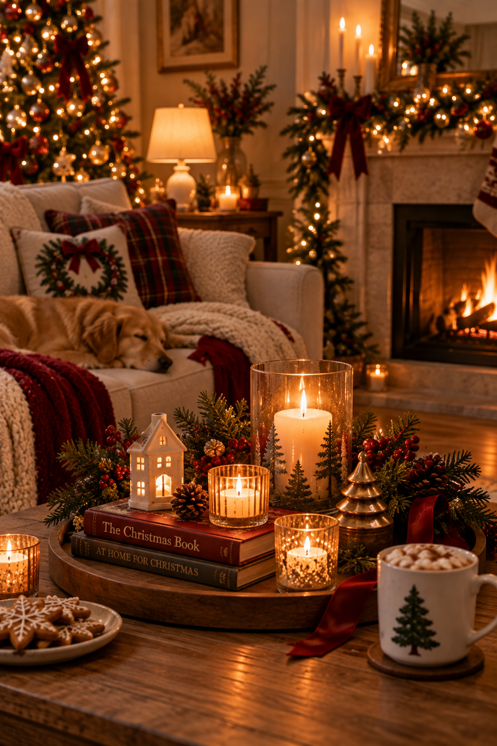 Warm Christmas living room illuminated by candles, fairy lights, and a glowing Christmas tree