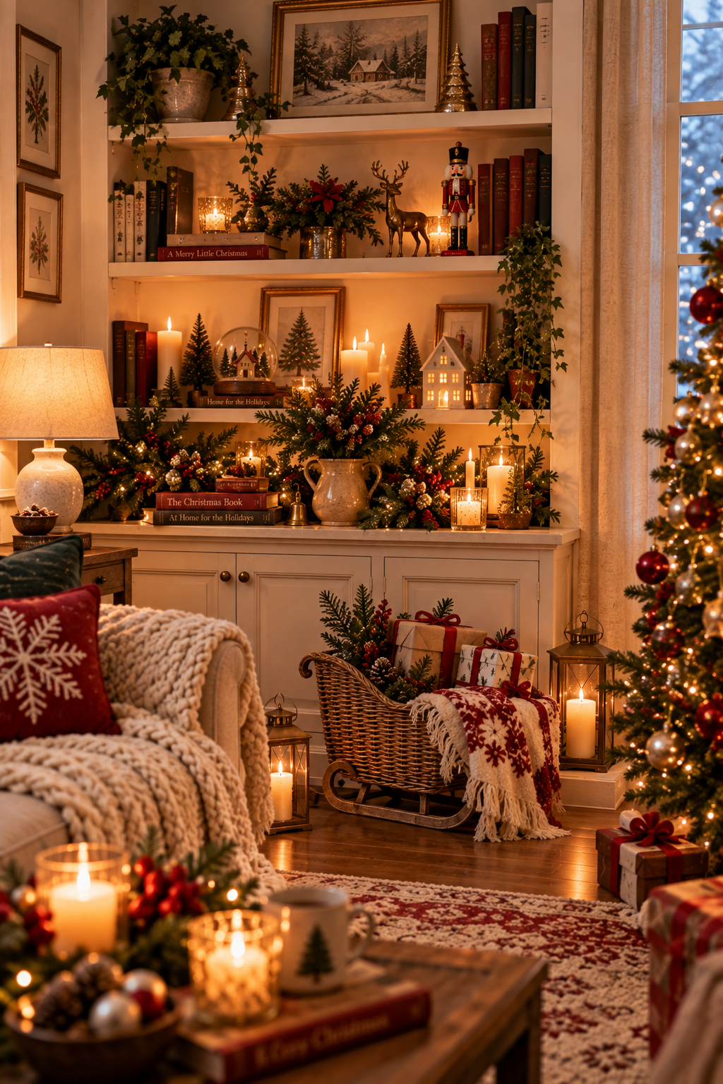 Cozy Christmas bookshelf and coffee table styled with miniature trees, wood accents, and subtle festive decorations