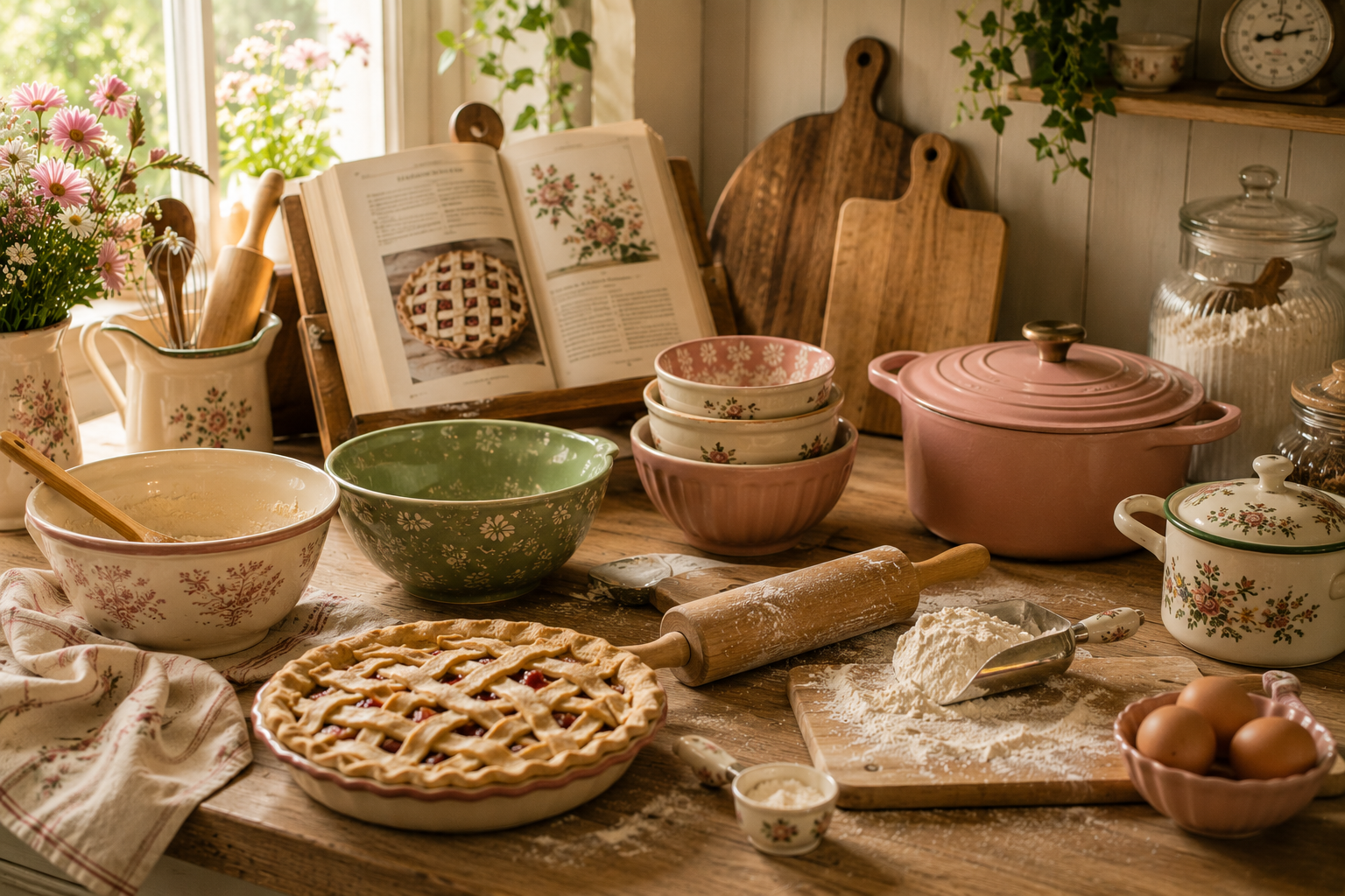 Cozy cottagecore kitchen baking setup with bowls, cookbook stand, cutting boards, and Dutch oven