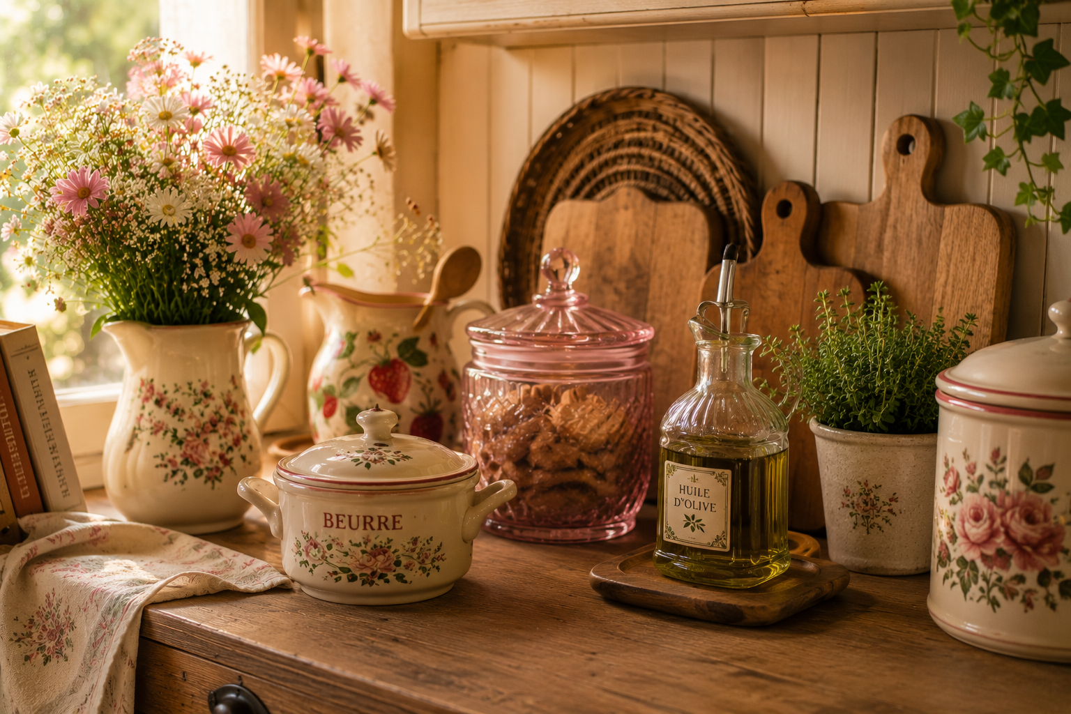 Cottagecore kitchen countertop with pitcher, butter crock, jars, and olive oil dispenser