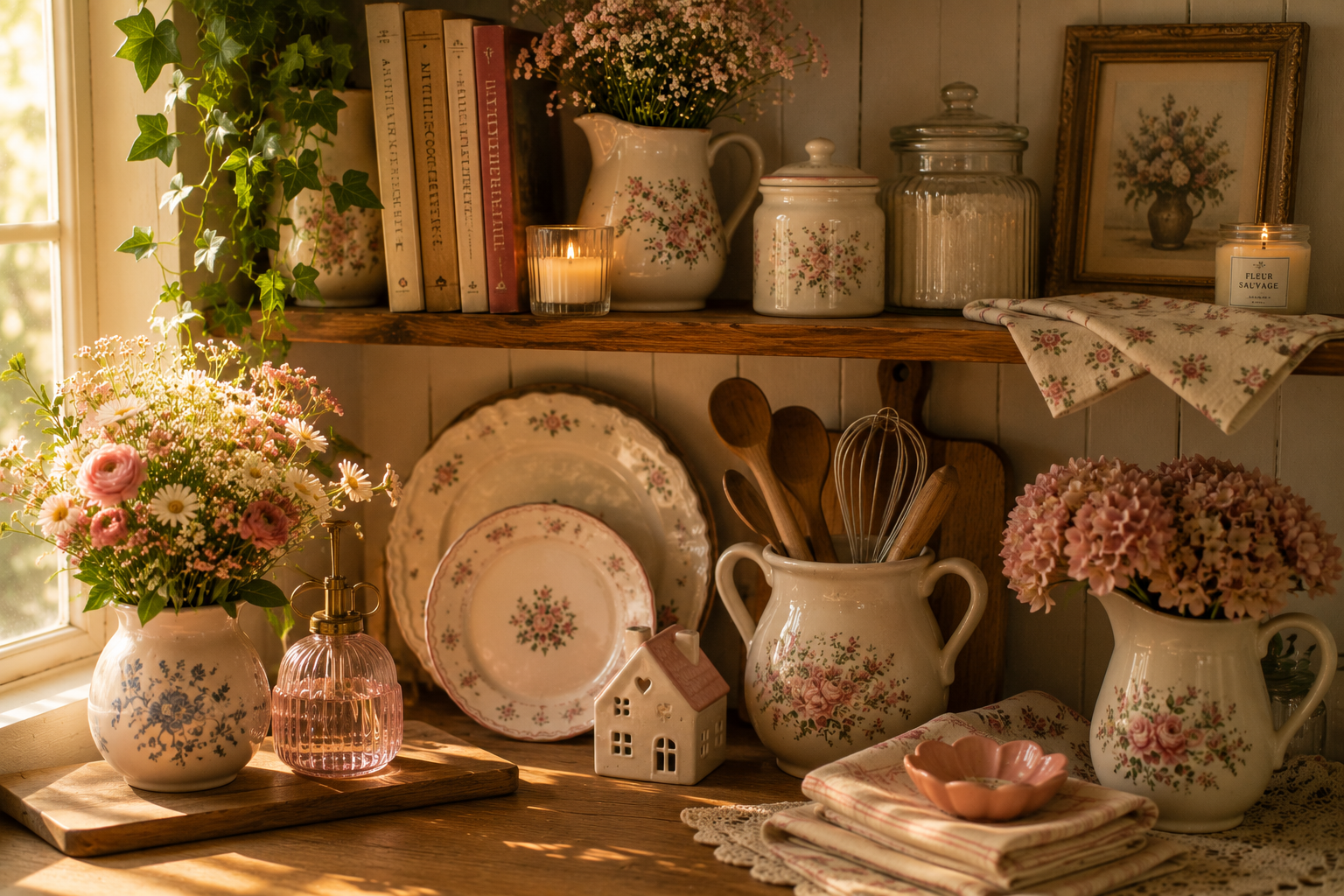 Cottagecore kitchen decor with floral apron, vintage towel, ceramic trivet, and handmade spoon rest