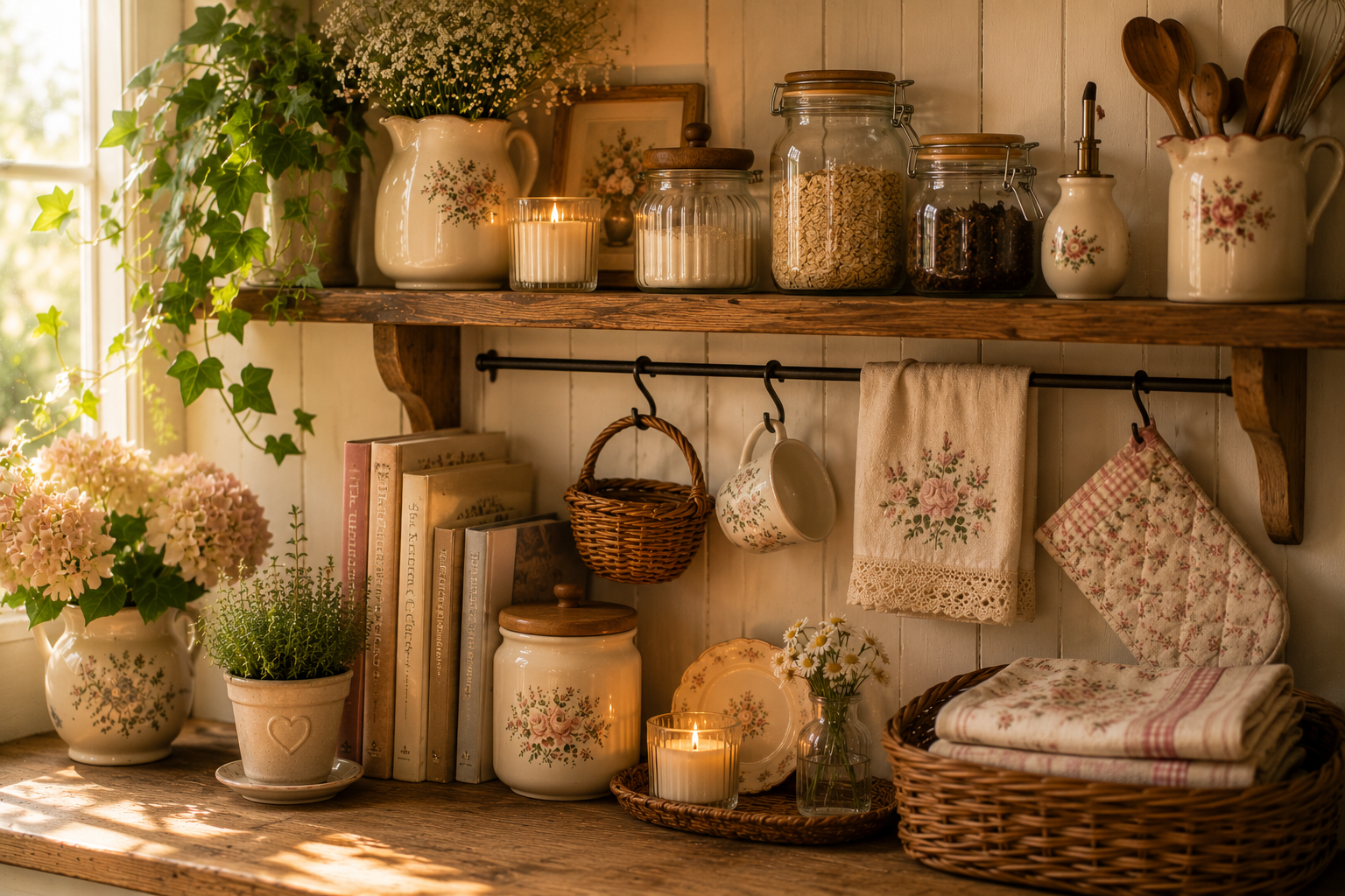 Cozy cottagecore kitchen shelf with vintage jars and soft decorative details