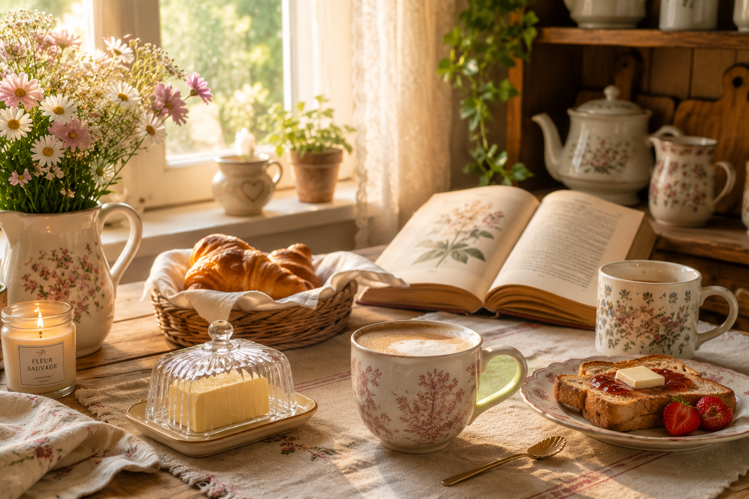 Cozy cottagecore kitchen coffee corner with mugs and vintage butter dish