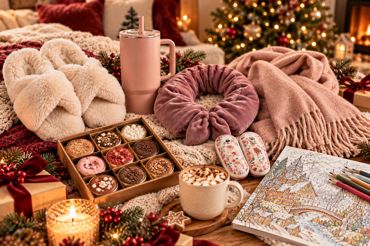 Soft slippers, scarf, hot chocolate and cozy winter accessories arranged for Christmas