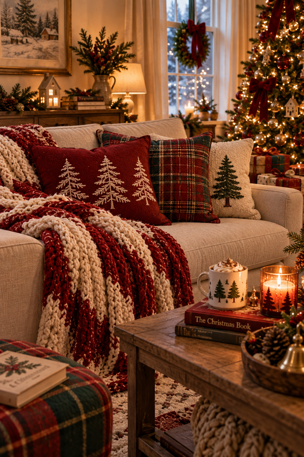 Cozy Christmas sofa styled with red plaid pillows, warm blankets, and soft festive lighting