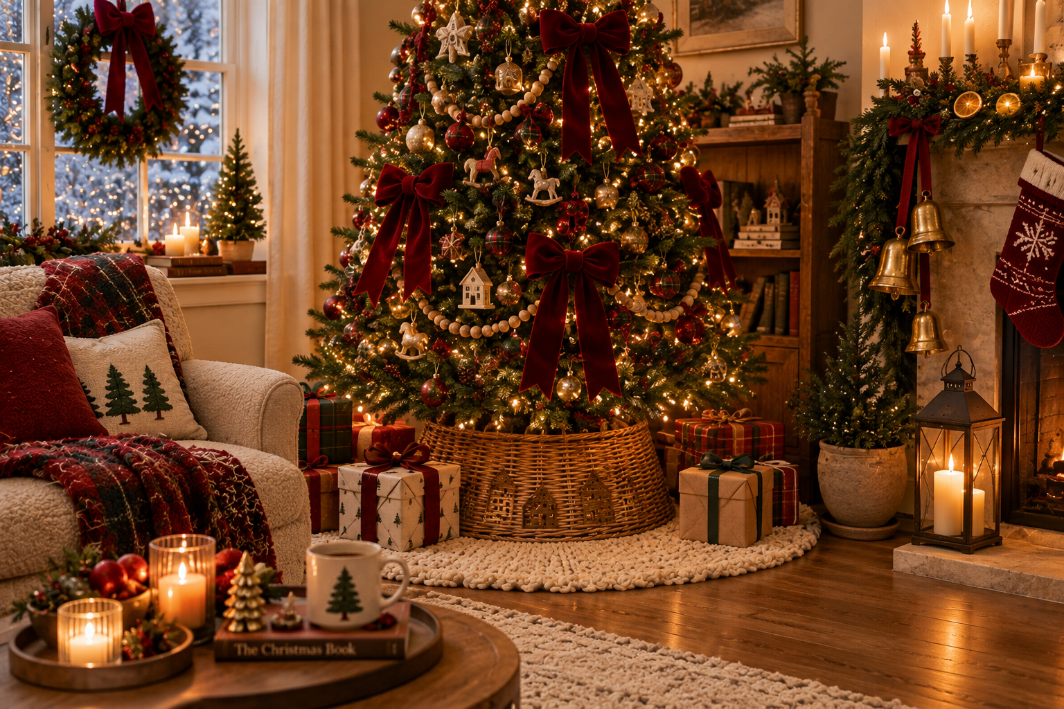 Warm cozy Christmas living room with a layered tree decorated in red, green, velvet bows, wooden beads, and soft lights