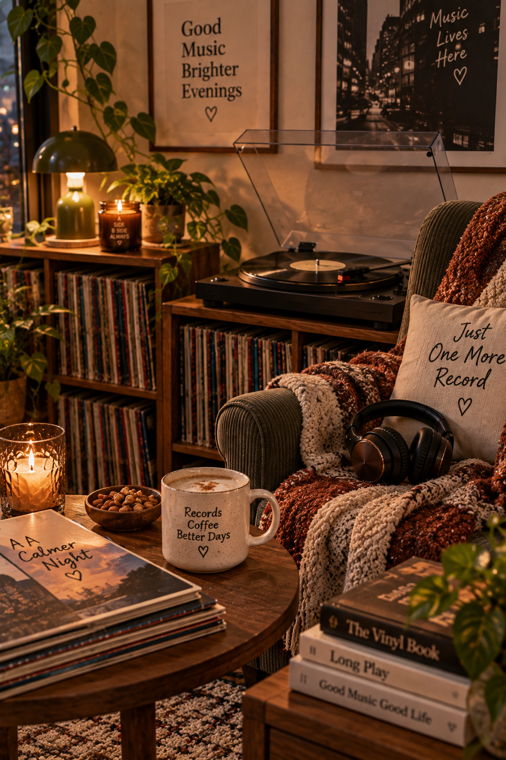 Cozy evening vinyl listening room with turntable, record collection, soft ambient lighting, neon music sign, and warm seating