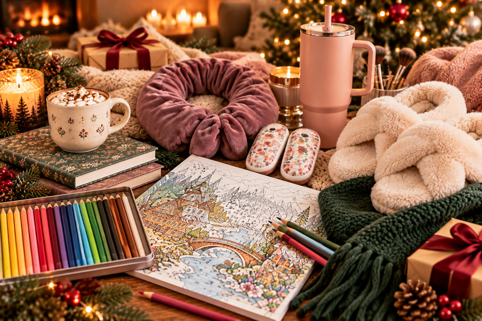 Coloring pencils, embroidery, miniature book nook and floral puzzle on a cozy craft table
