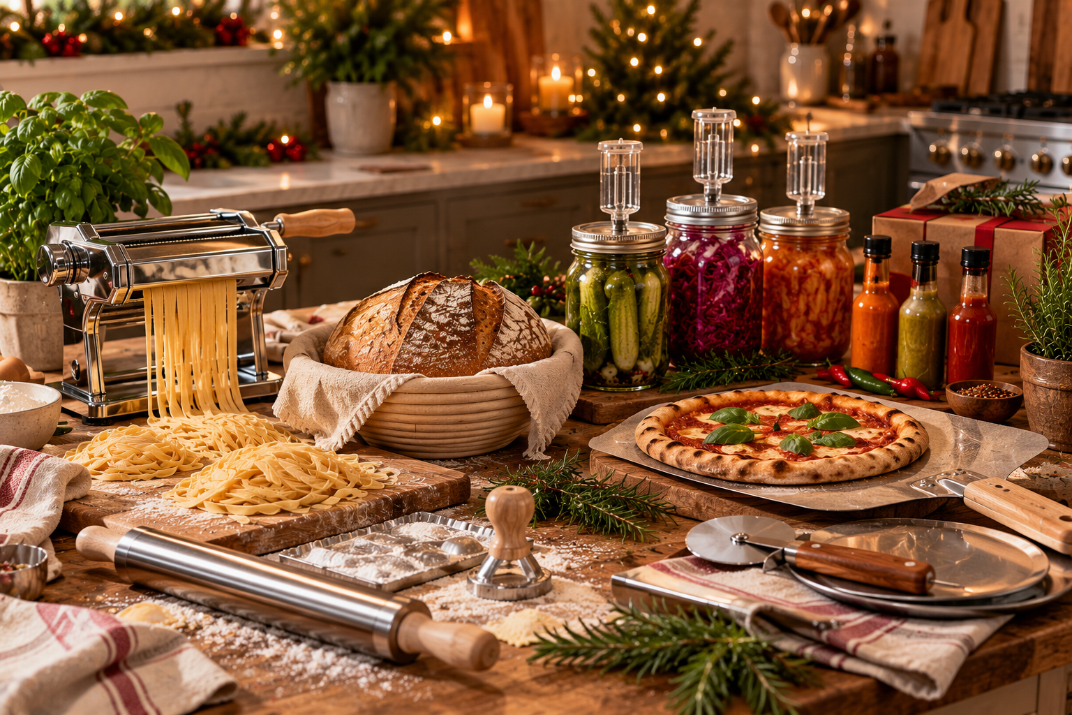 Fresh pasta, pizza tools, fermentation jars, hot sauce bottles and herb pots on a rustic kitchen counter