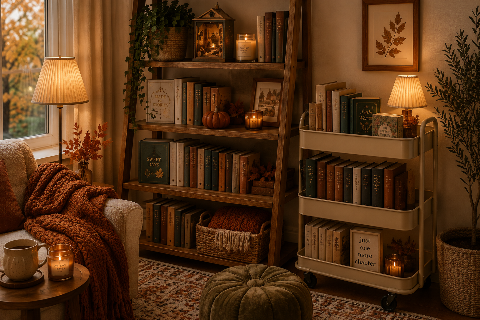 Autumn reading nook with bookshelves, stacked books and cozy book storage
