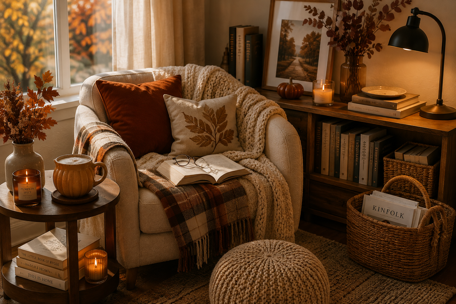 Cozy fall reading nook with coffee, books and a small wooden side table