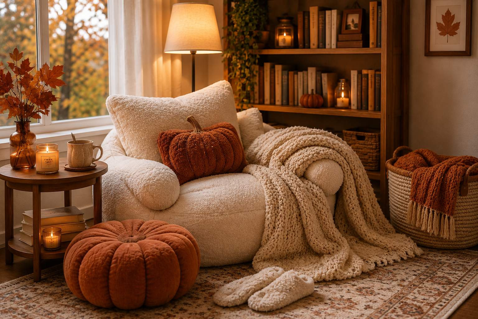 Cozy fall reading nook with soft blankets, pillows and warm autumn textures