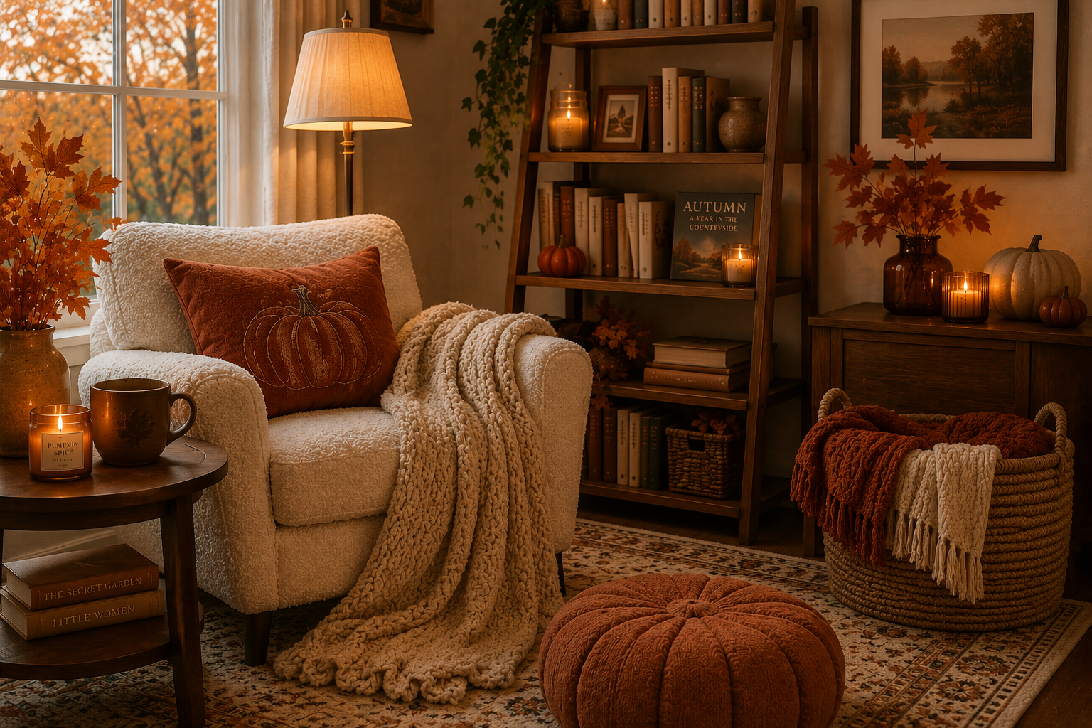 Cozy autumn reading nook decorated with rust pillows, a vintage rug and fall accents
