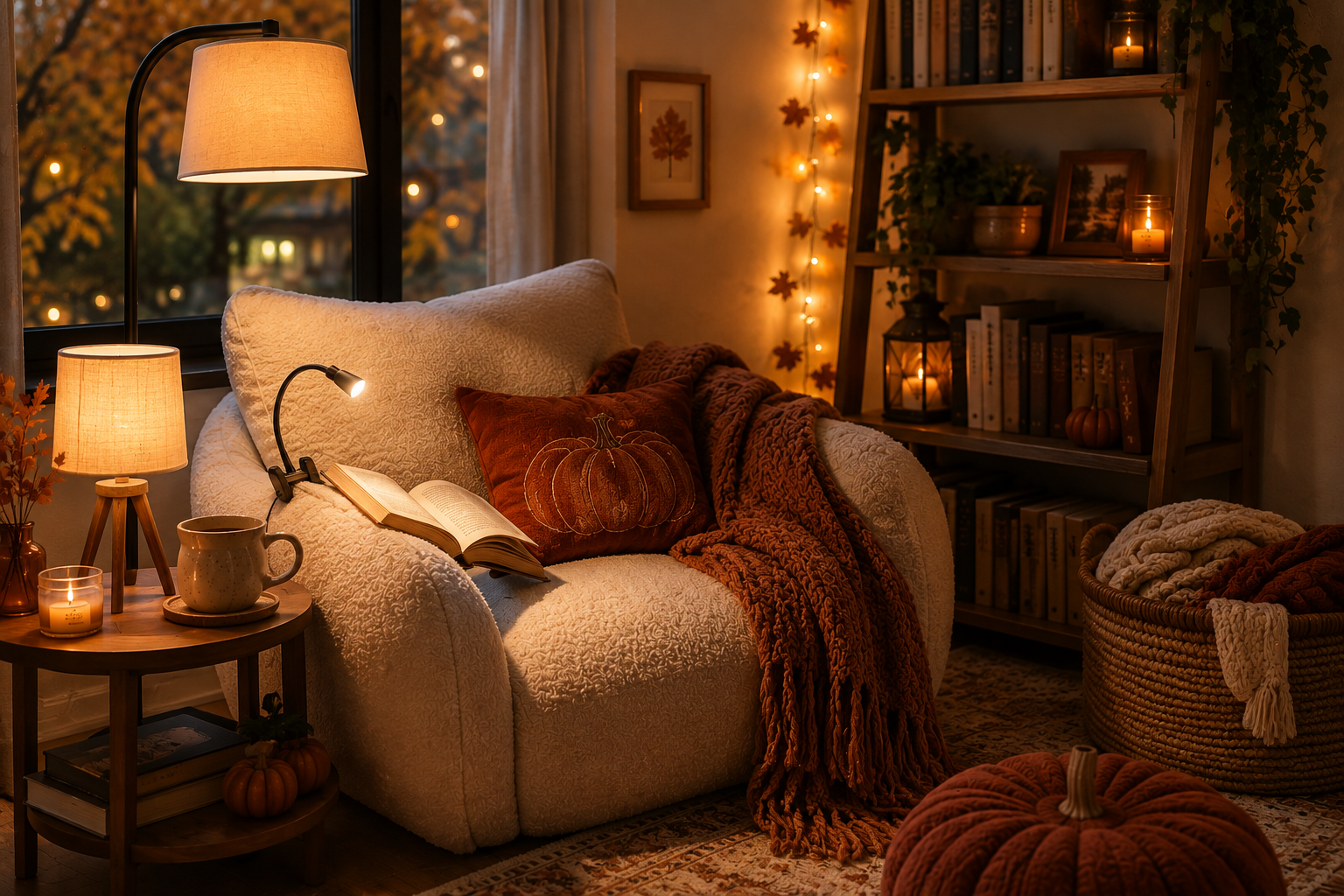 Warm autumn reading corner illuminated by cozy lamps and soft fall lights
