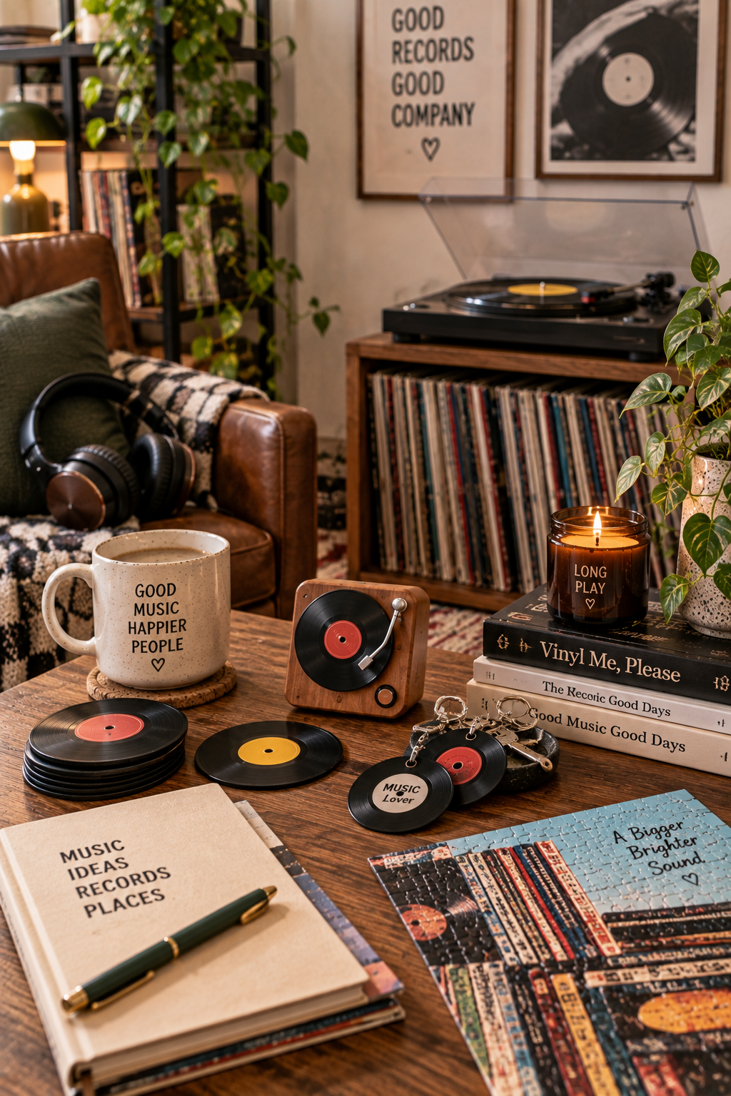 Fun music lover gift collection with retro record player building set, music game, vinyl puzzle, books, and records