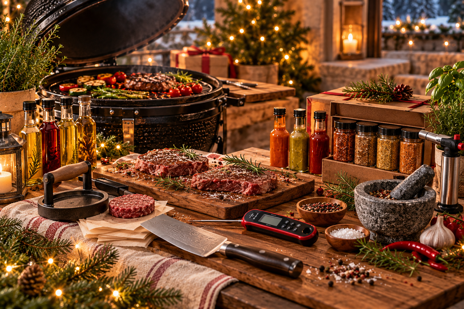 Personalized apron, smash burger tools, barbecue spices and infused olive oils in a festive kitchen scene