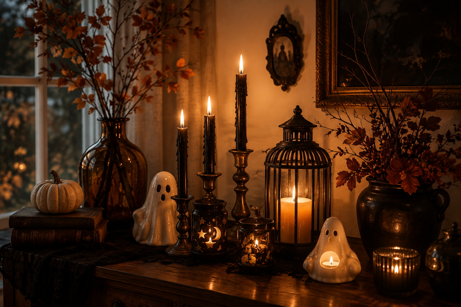 Moody candlelight and cozy Halloween decorations
