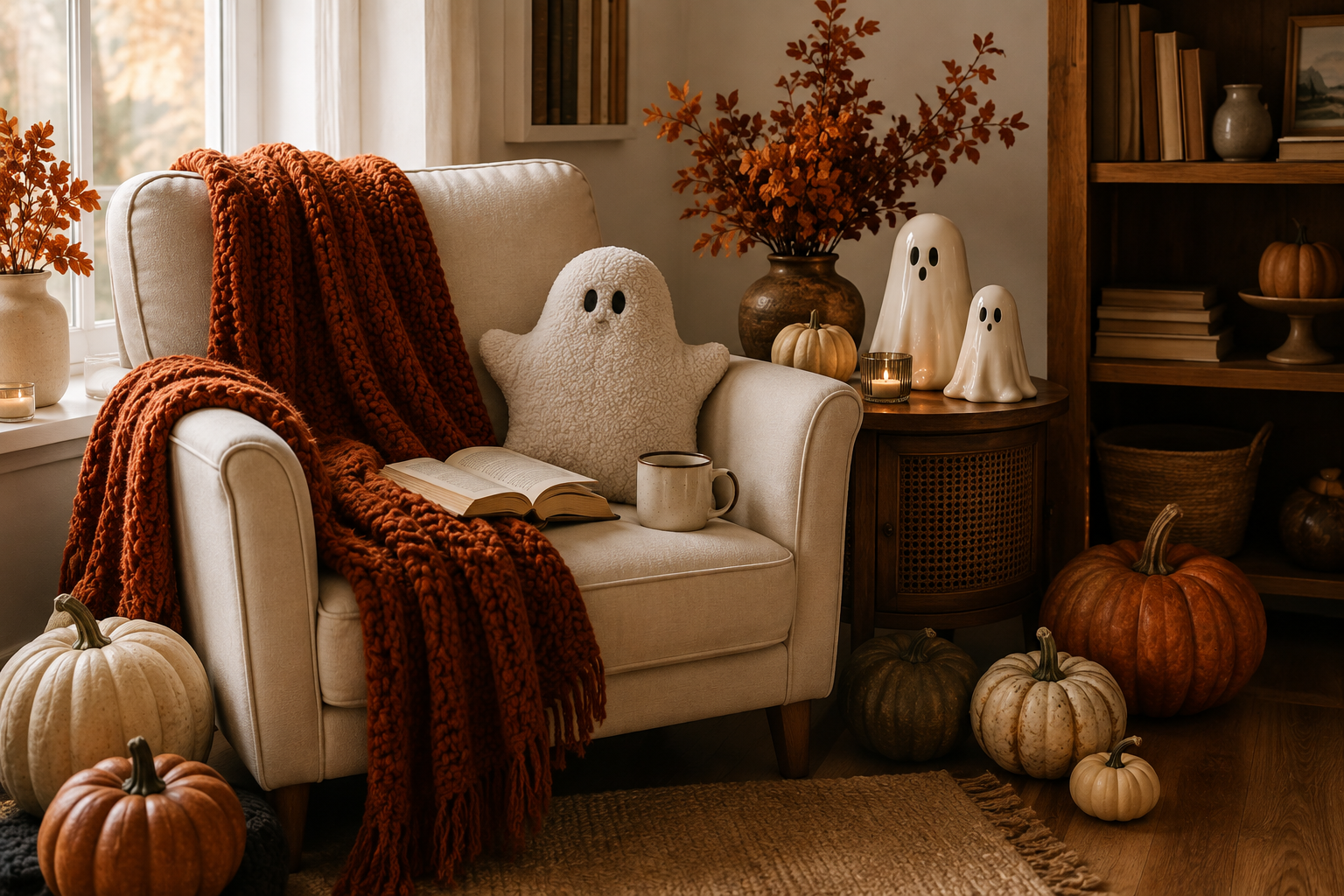 Cozy ghost and pumpkin Halloween decor for adults