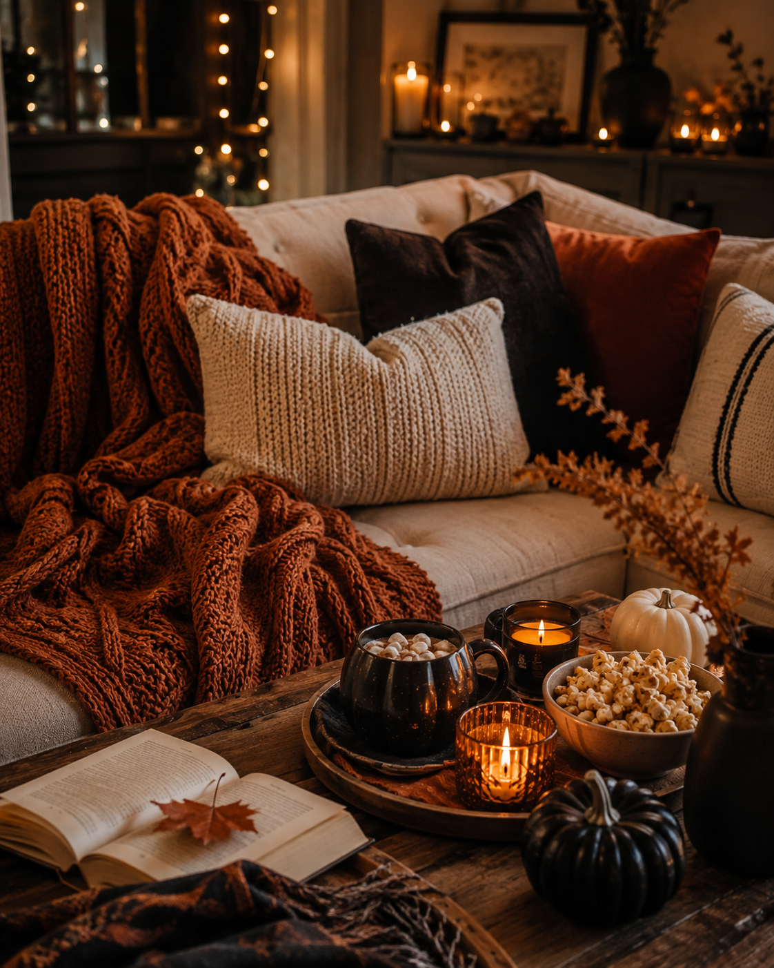 Cozy Halloween movie night with blanket candles pillows and warm lights