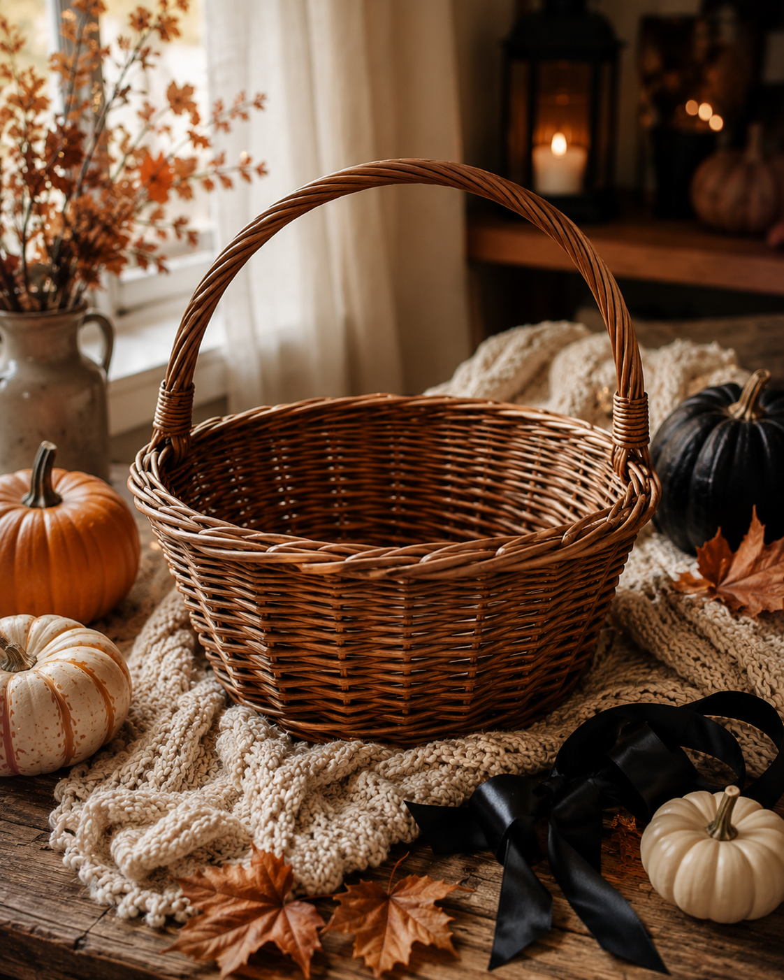 Cozy Halloween gift basket filled with spooky season treats and gifts