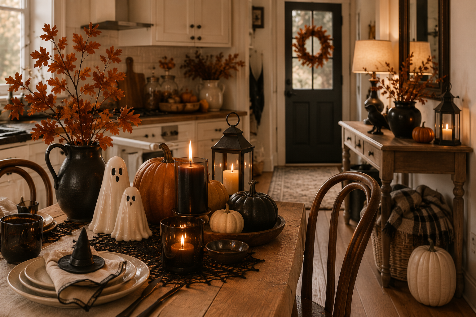 Halloween kitchen table and entryway decor ideas