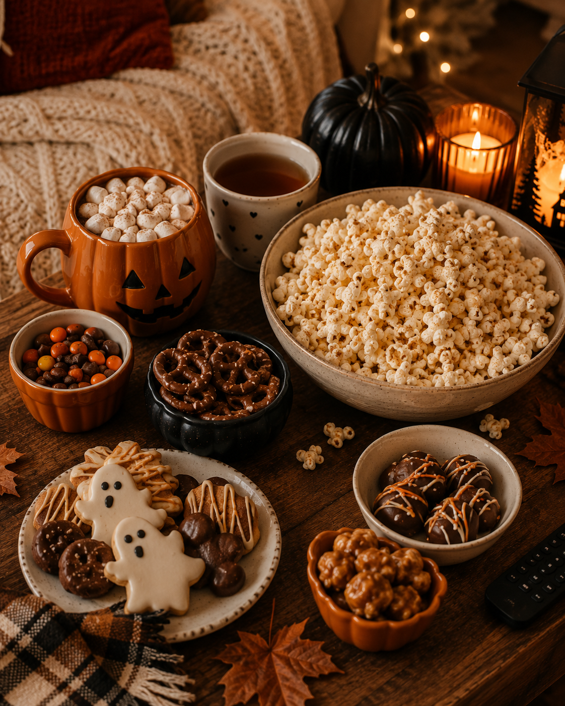 Halloween movie night snacks popcorn hot chocolate and pumpkin mug