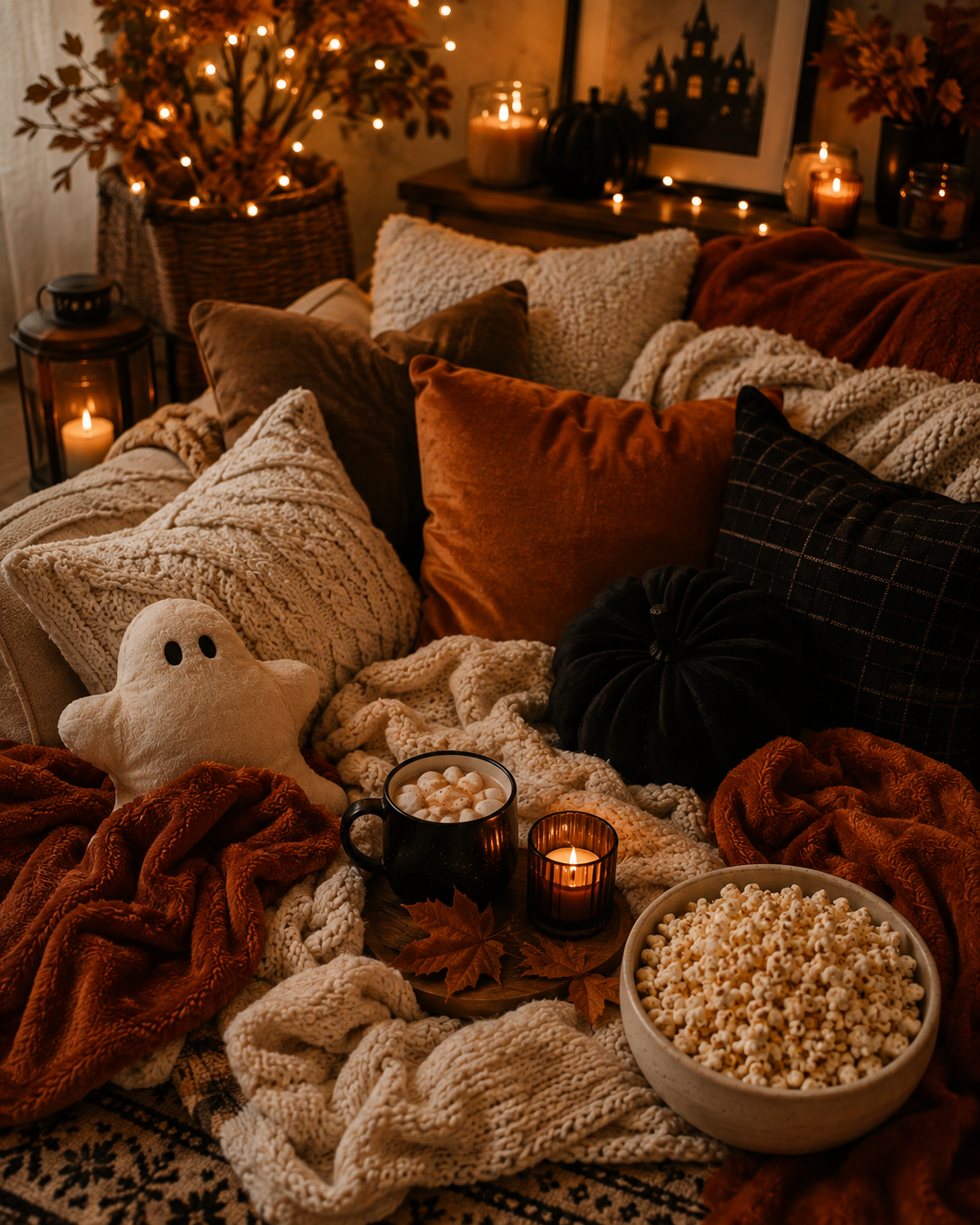 Cozy Halloween night in activities with trivia puzzle coloring and baking