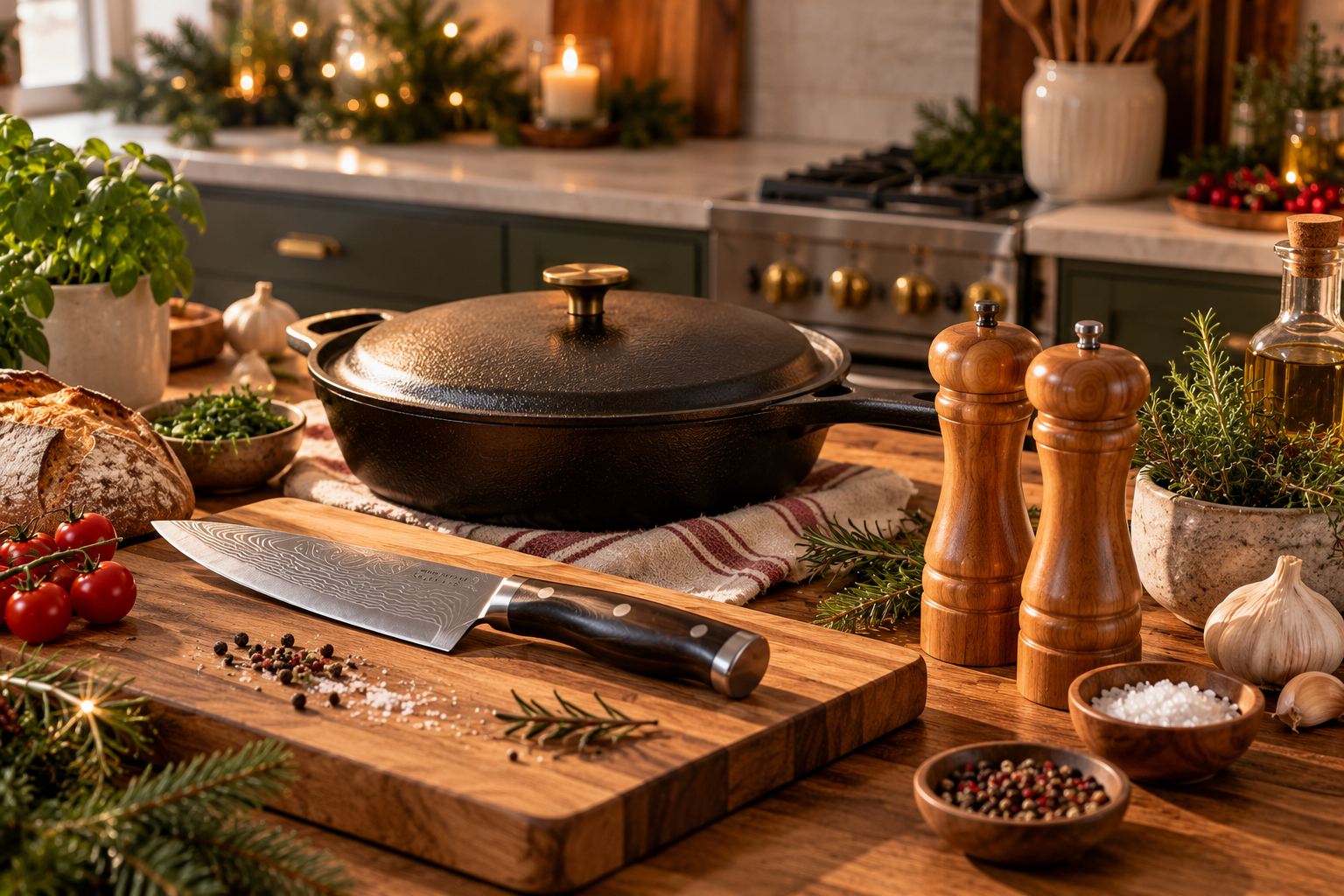 Chef's knife, wooden cutting board, cast iron skillet, thermometer and wooden grinders arranged in a warm home kitchen