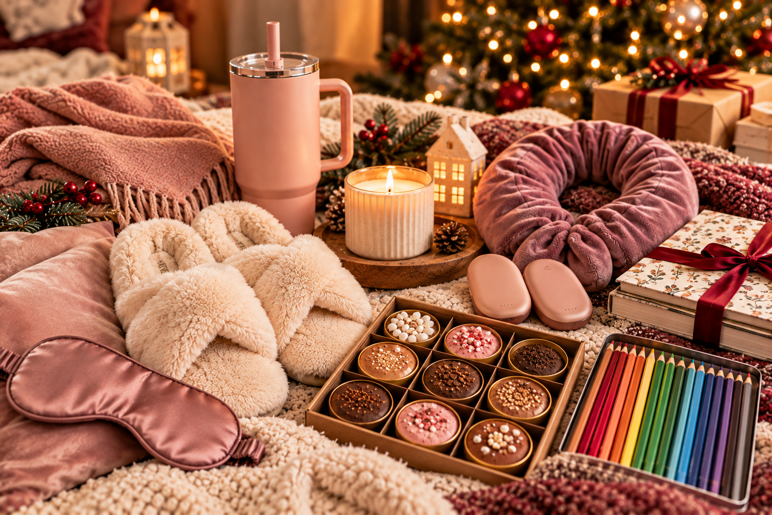 Coffee sampler, fragrance discovery set, hand cream, speaker and pink travel accessories