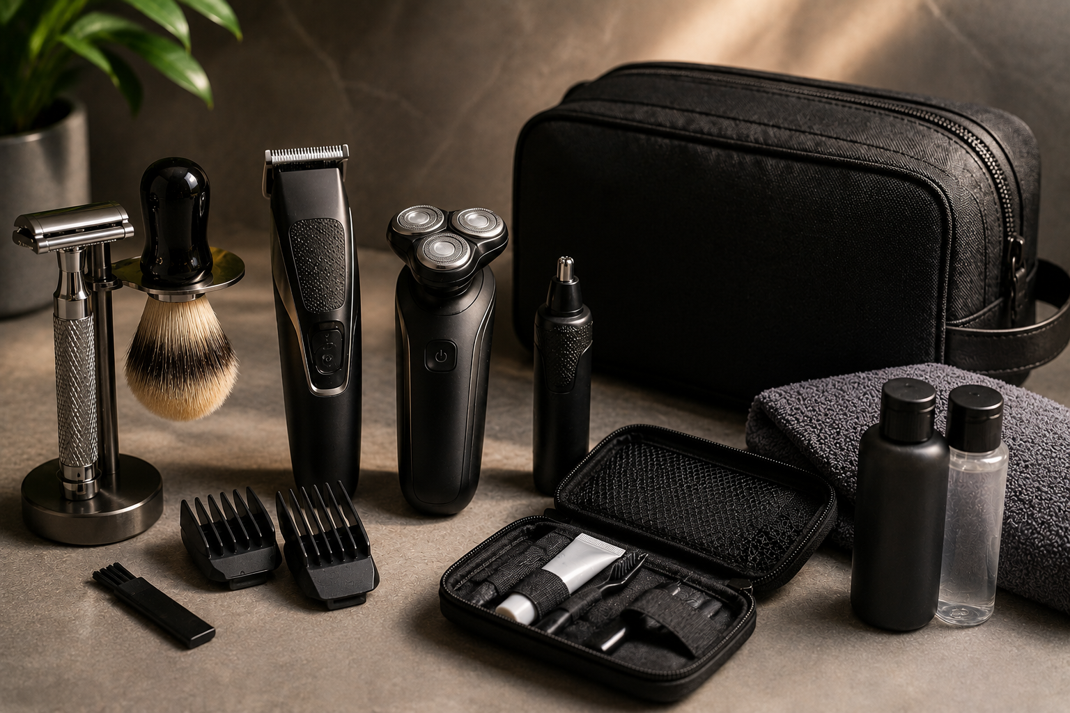 Men grooming tools and travel toiletry bag