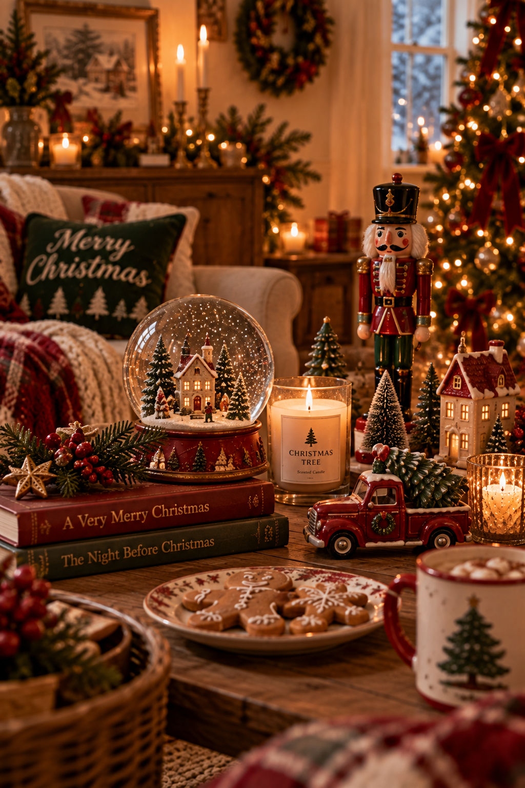 Warm Christmas living room with dried orange garland and a playful decorated staircase with penguins and soft lights