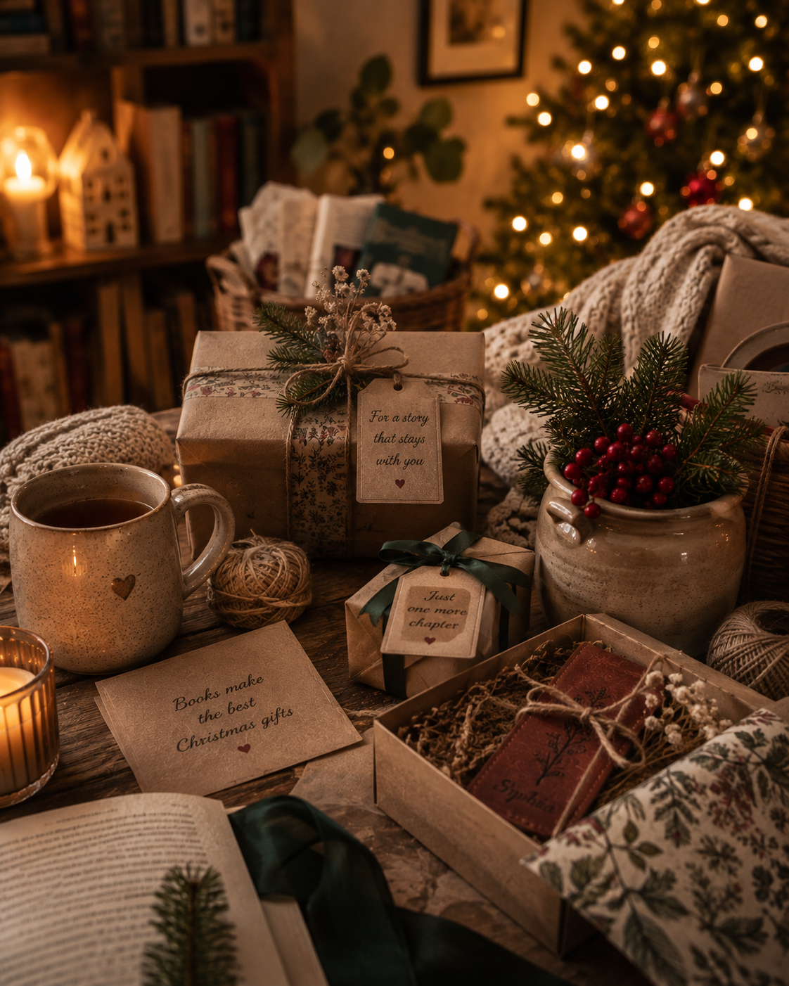 Personalized book lover Christmas gifts including an embosser, bookmark, mug, and book basket