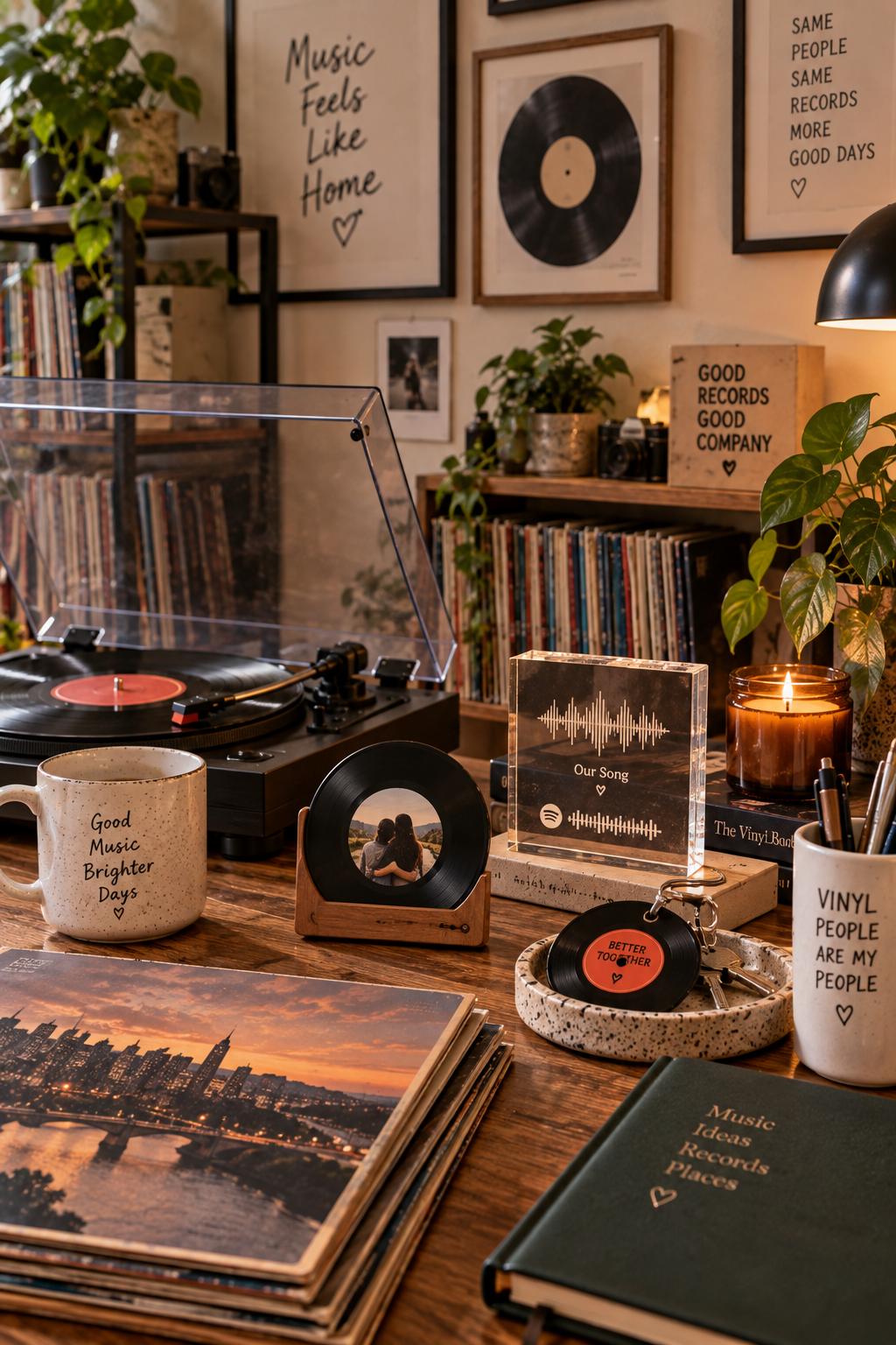 Warm personalized music gift display with miniature record player, custom song keepsake, vinyl records, and nostalgic music details