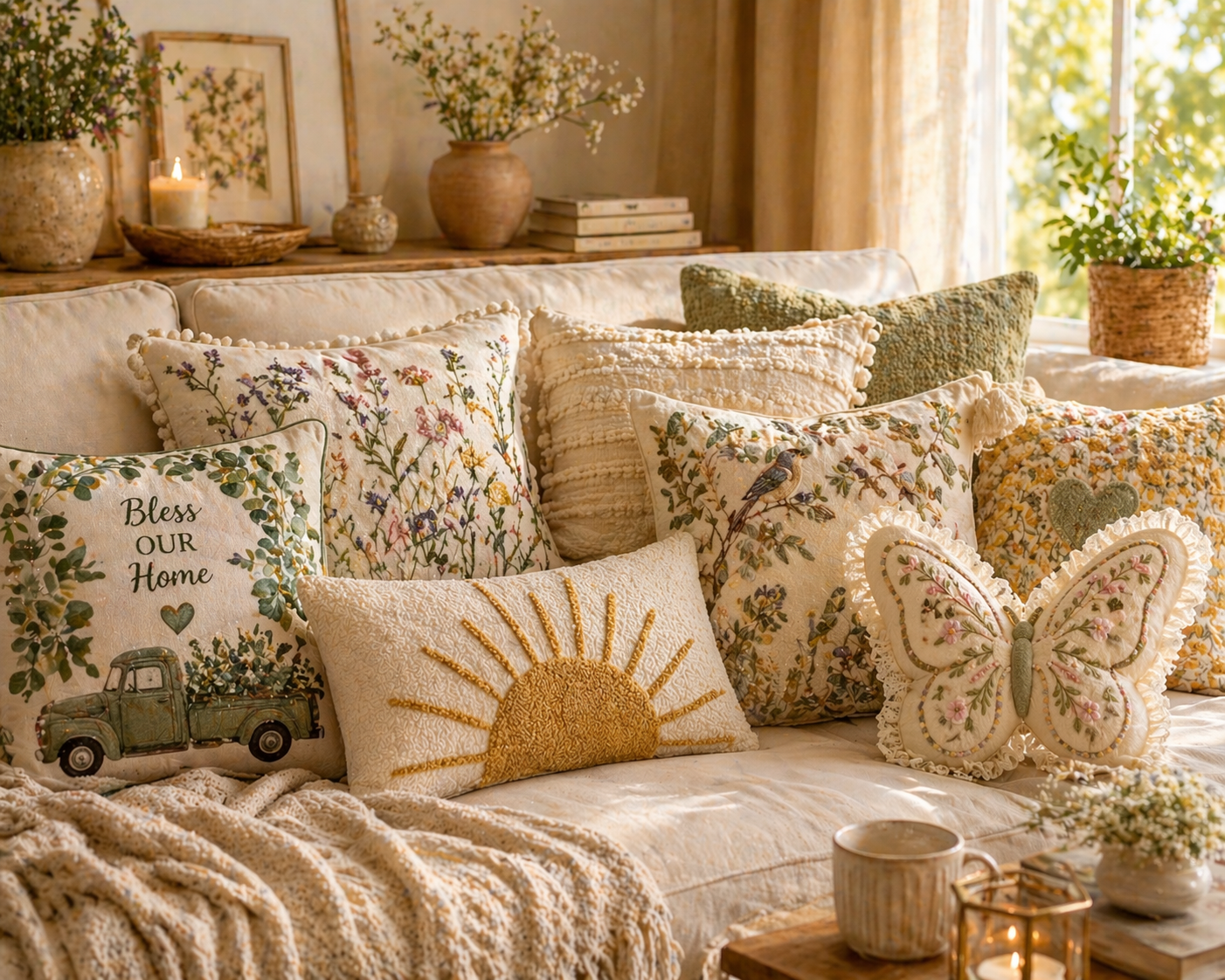 Aesthetic decorative pillows on a couch