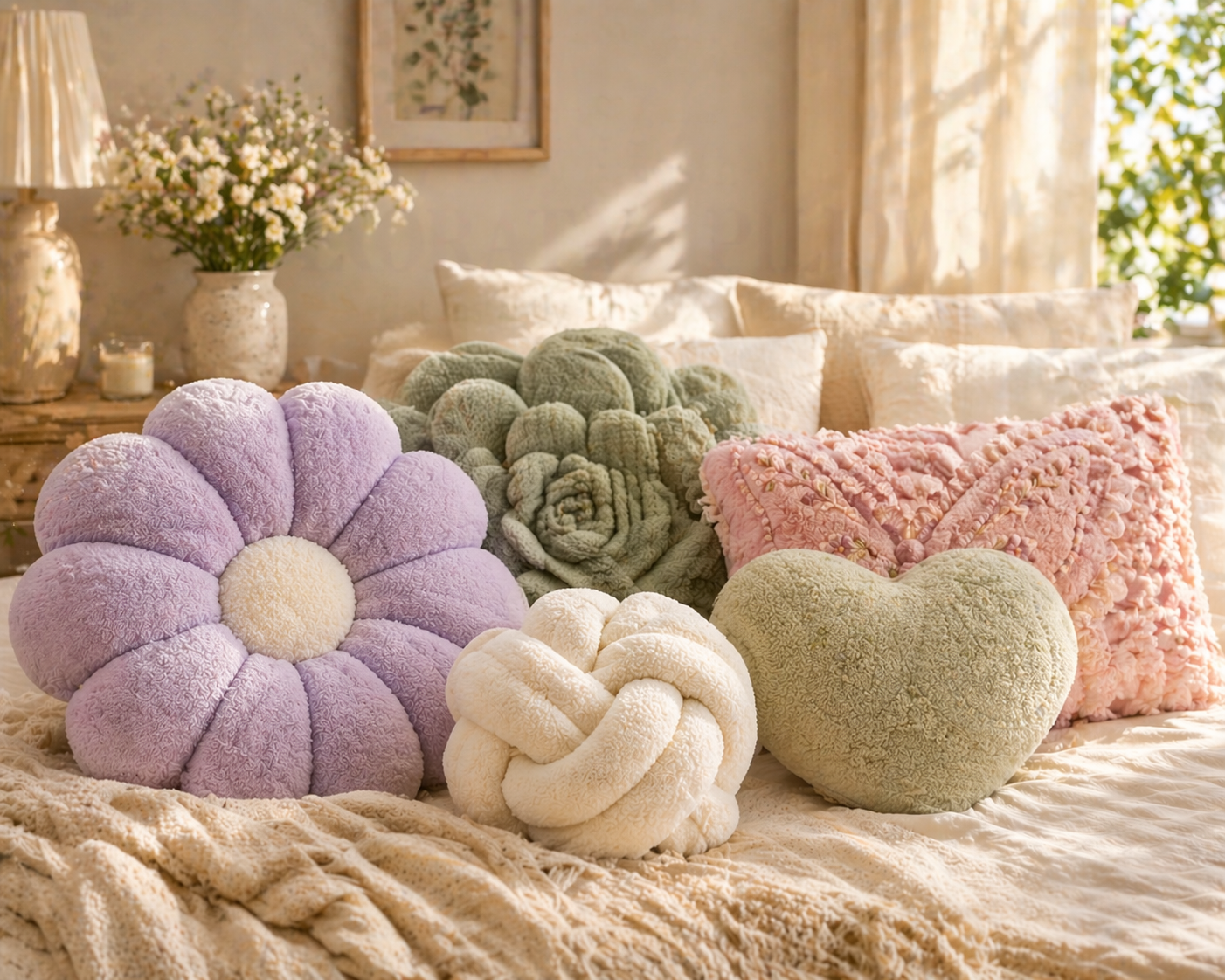 Soft cozy decorative pillows on a bed