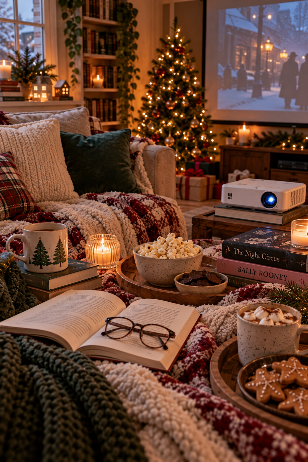 Cozy Christmas movie and reading night with books, projector, popcorn, reading pillow and warm blankets
