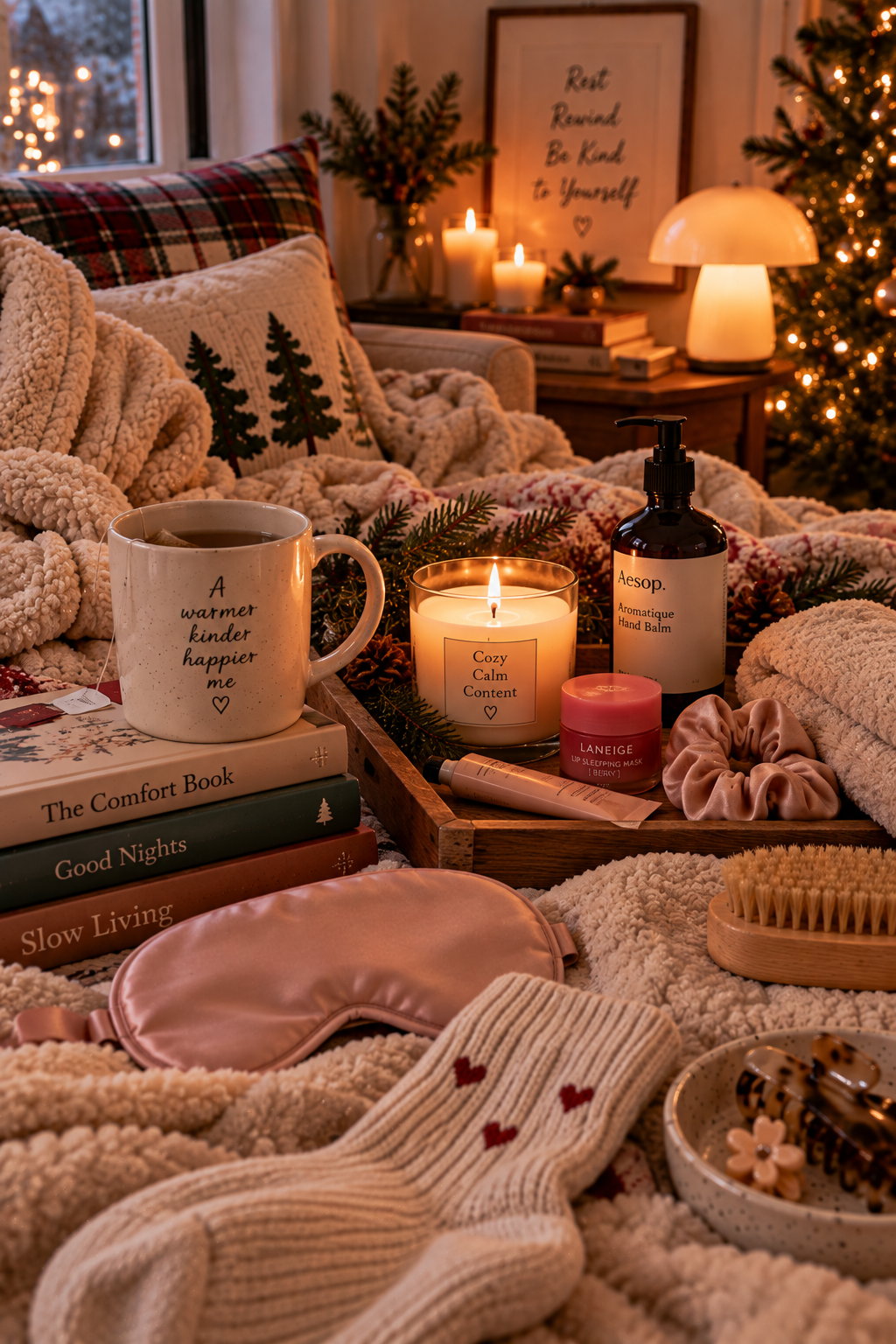 Relaxing at-home spa evening with foot massager, bath bombs, facial steamer, lavender self-care products and soft towels