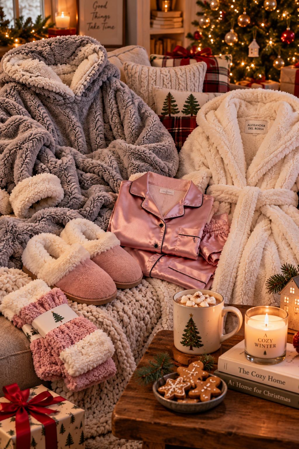 Cozy winter evening at home with soft blanket, fluffy slippers, pajamas, fuzzy socks, and warm Christmas lights