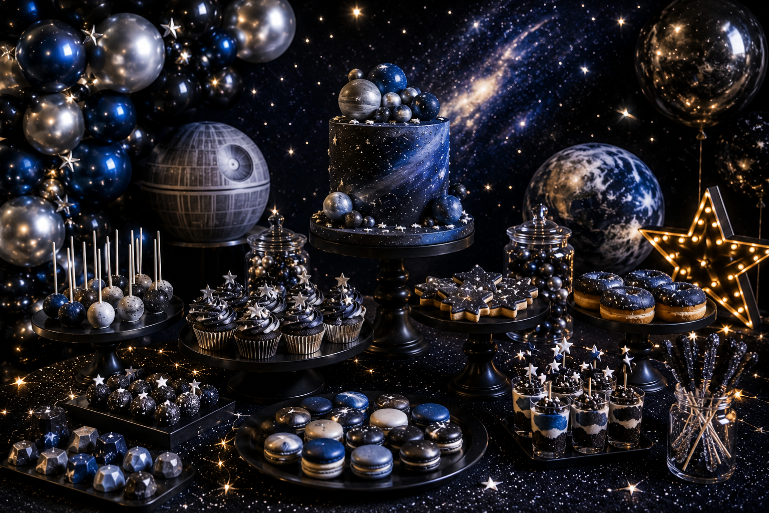Star Wars birthday cake and dessert table with themed toppers and candles