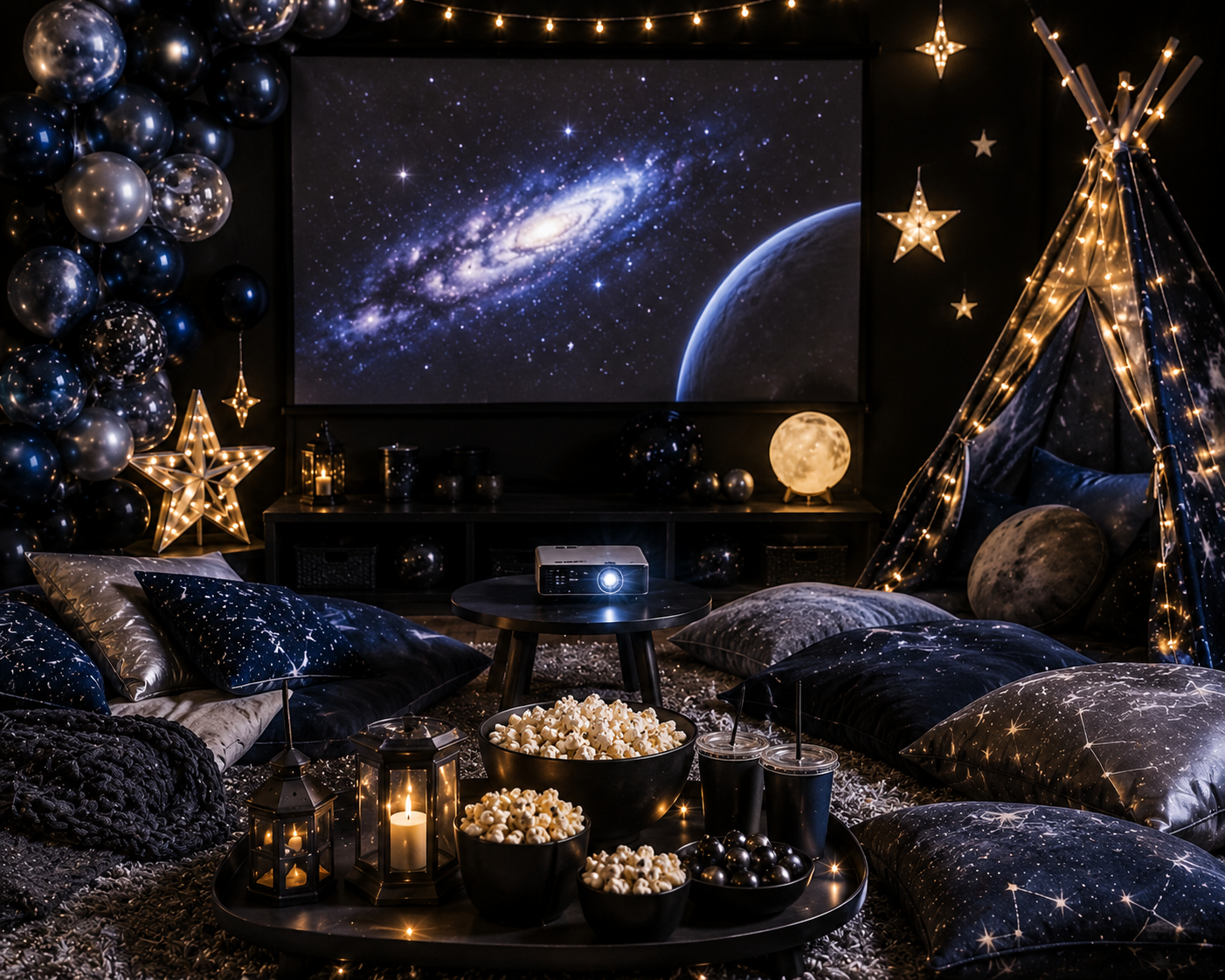 Cozy Star Wars movie night birthday setup with projector, blanket, snacks, and lights