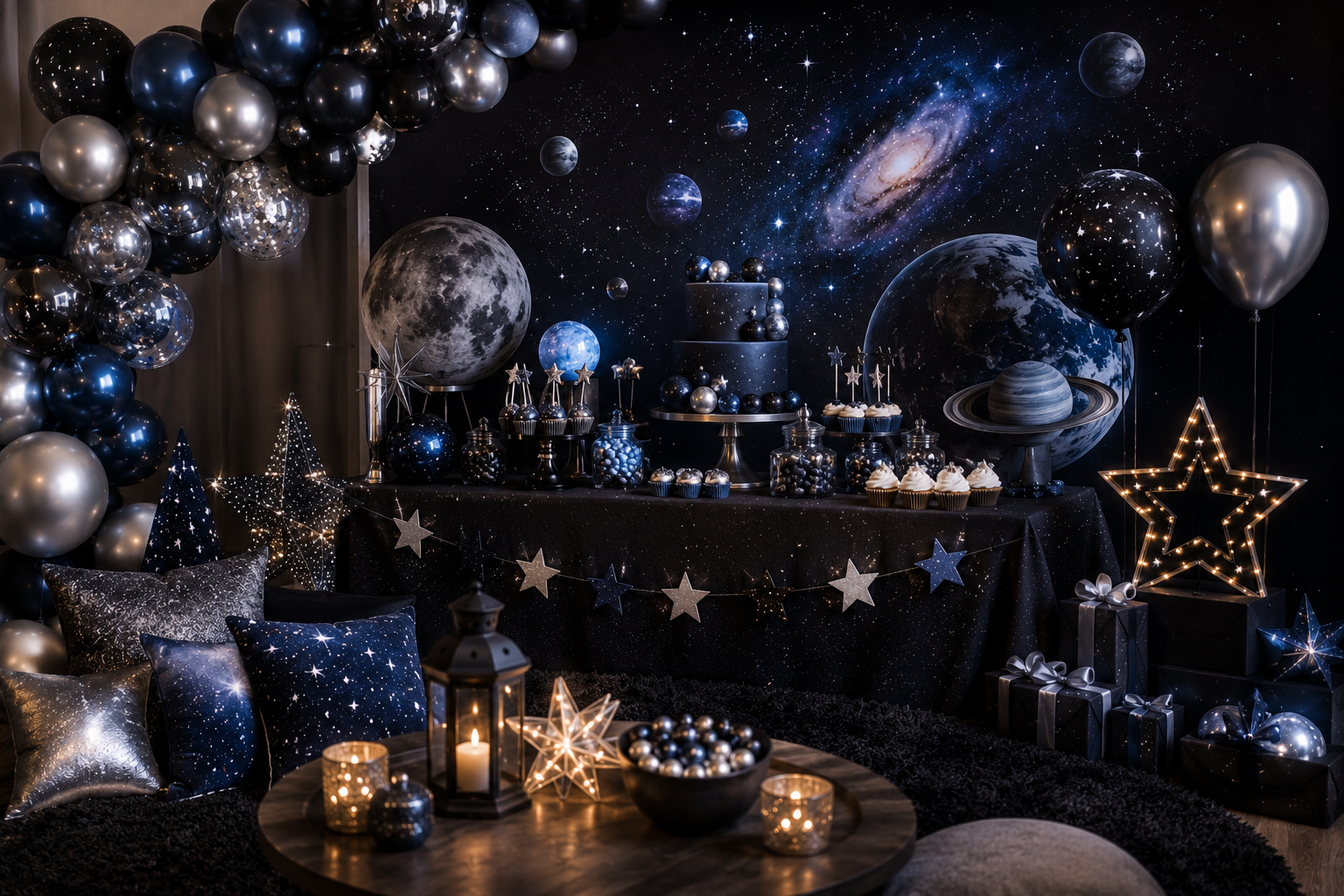 Star Wars birthday party decorations with galaxy balloons and themed table decor