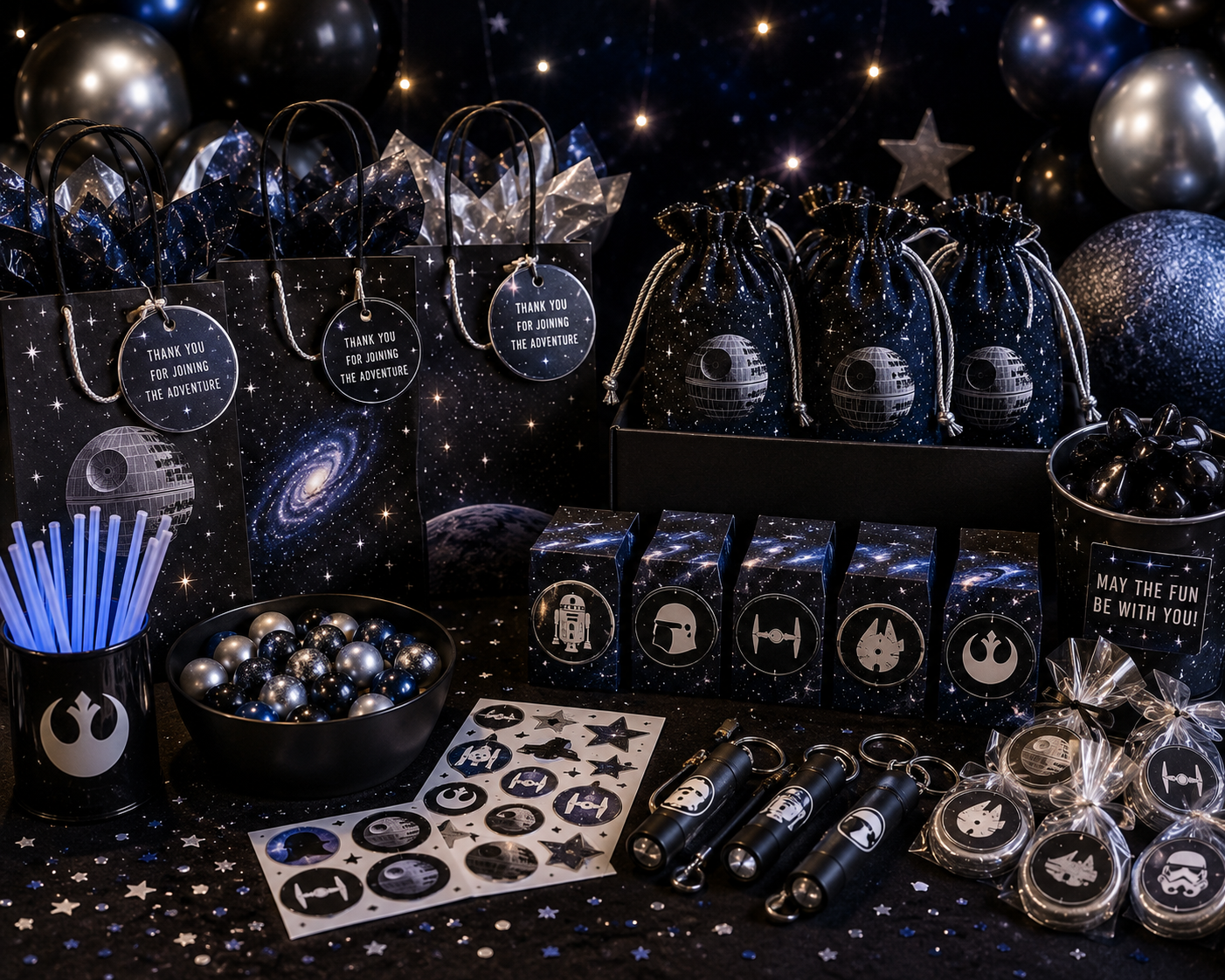 Star Wars party favors with lightsaber pens and glowing party accessories
