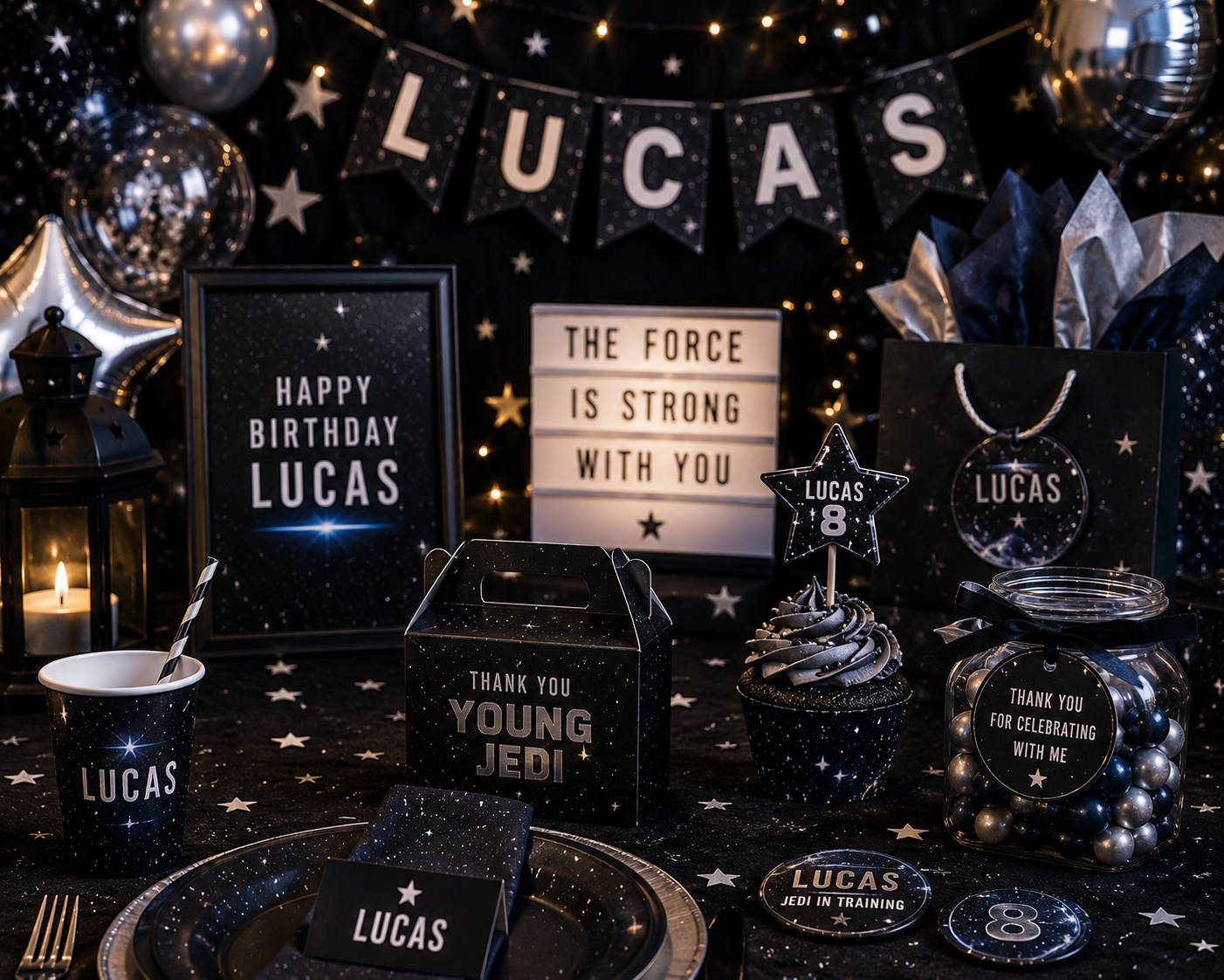 Personalized Star Wars birthday party signs, banners, and custom details