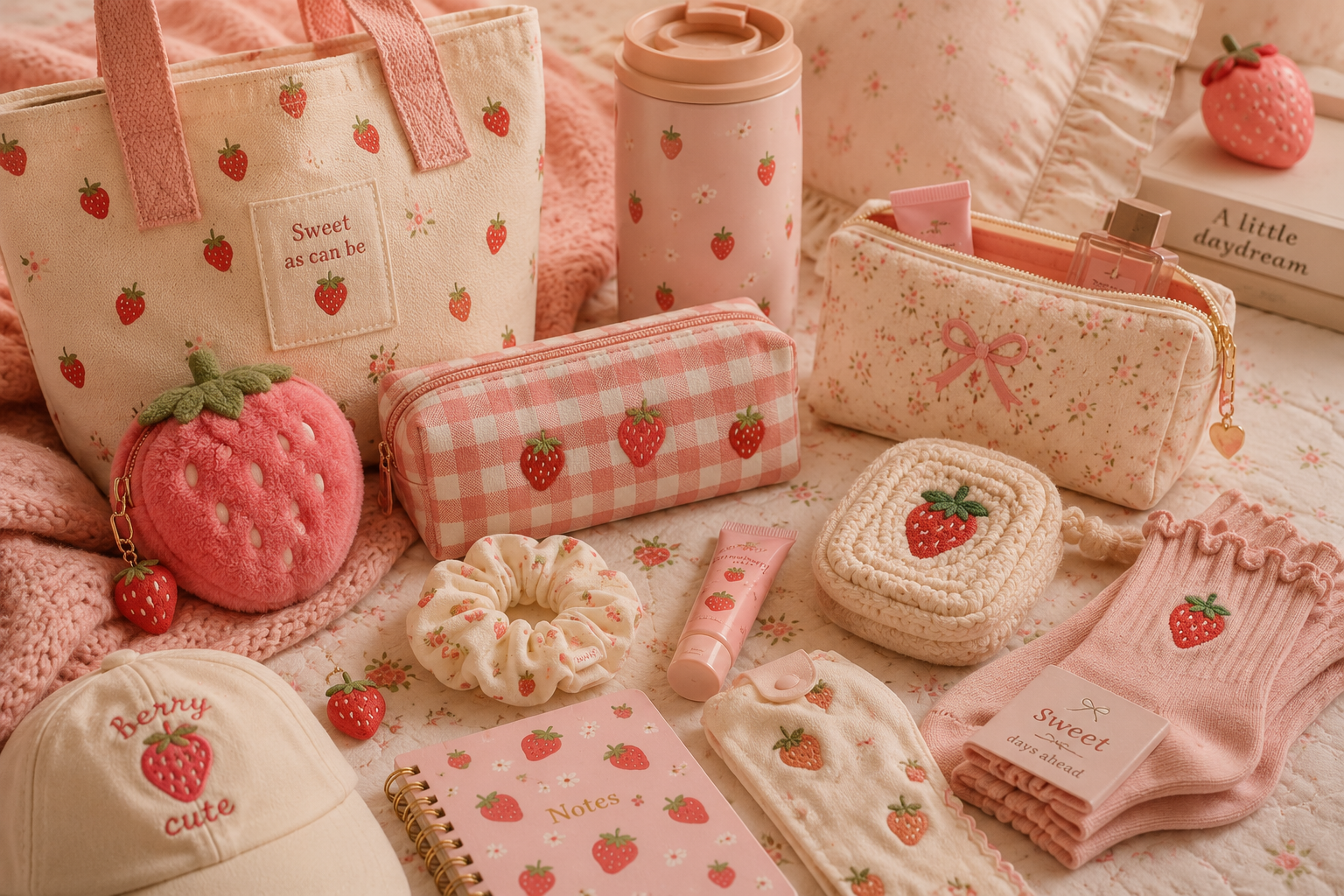 Soft strawberry accessories and cozy everyday gifts