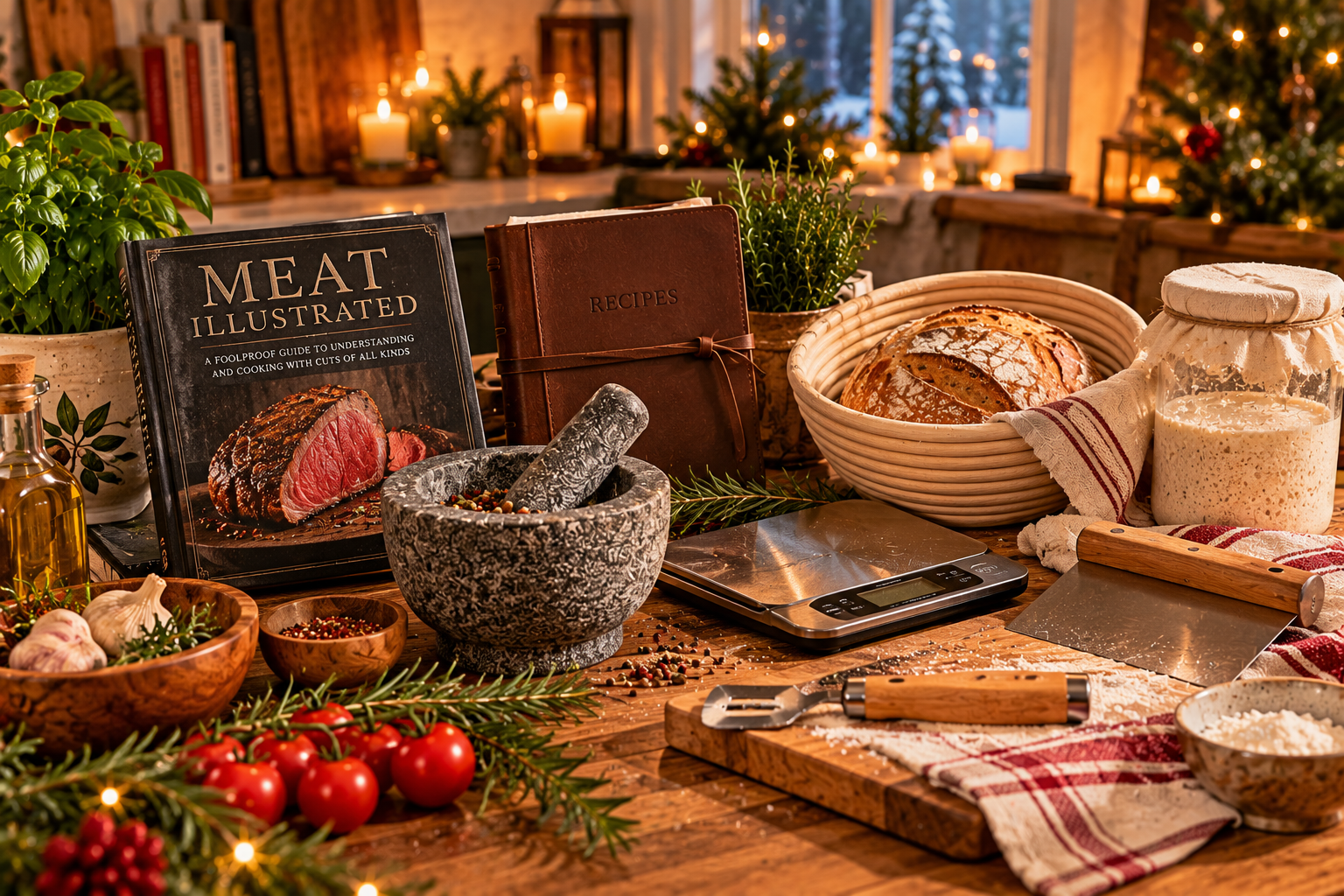 Ramen bowls, meat cookbook, kitchen torch and leather recipe journal styled on a wooden table