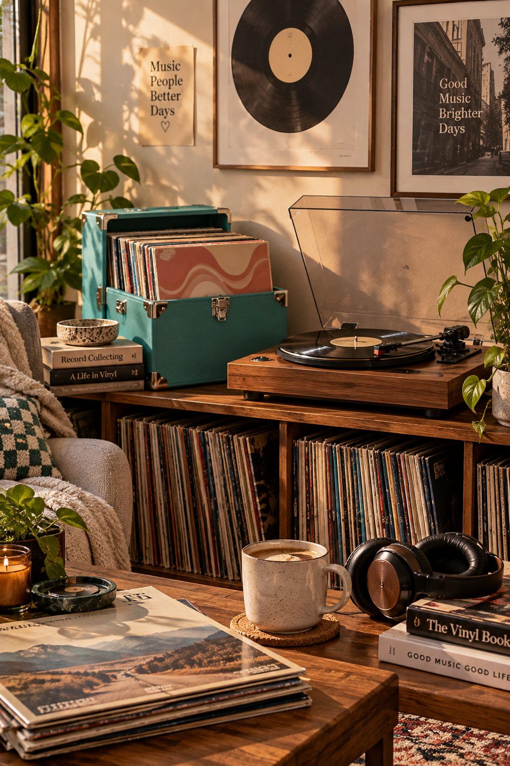 Cozy home record listening setup with vinyl records, turntable, record cleaning supplies, and organized album collection